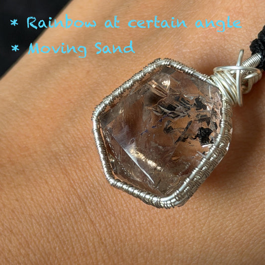 Rare Polished Smoky Enhydro Quartz (Herkimer Diamond) Wire Wrapped Pendant Adjustable Necklace:  Rainbow! Moving Sand charm| Natural Gemstone Birthstone Gift for her  | Natural Gemstone Birthstone Gift for her | Rainbow Quartz Rainbow crystal enhydro quartz sand water-fall pendant necklace choker gemstone charm stone pendant choker polished stone pendant crystal charm birthstone gift for her men necklace chakra crystal purify stone minerals specimen adjustable choker silver wire wrapped pendant
