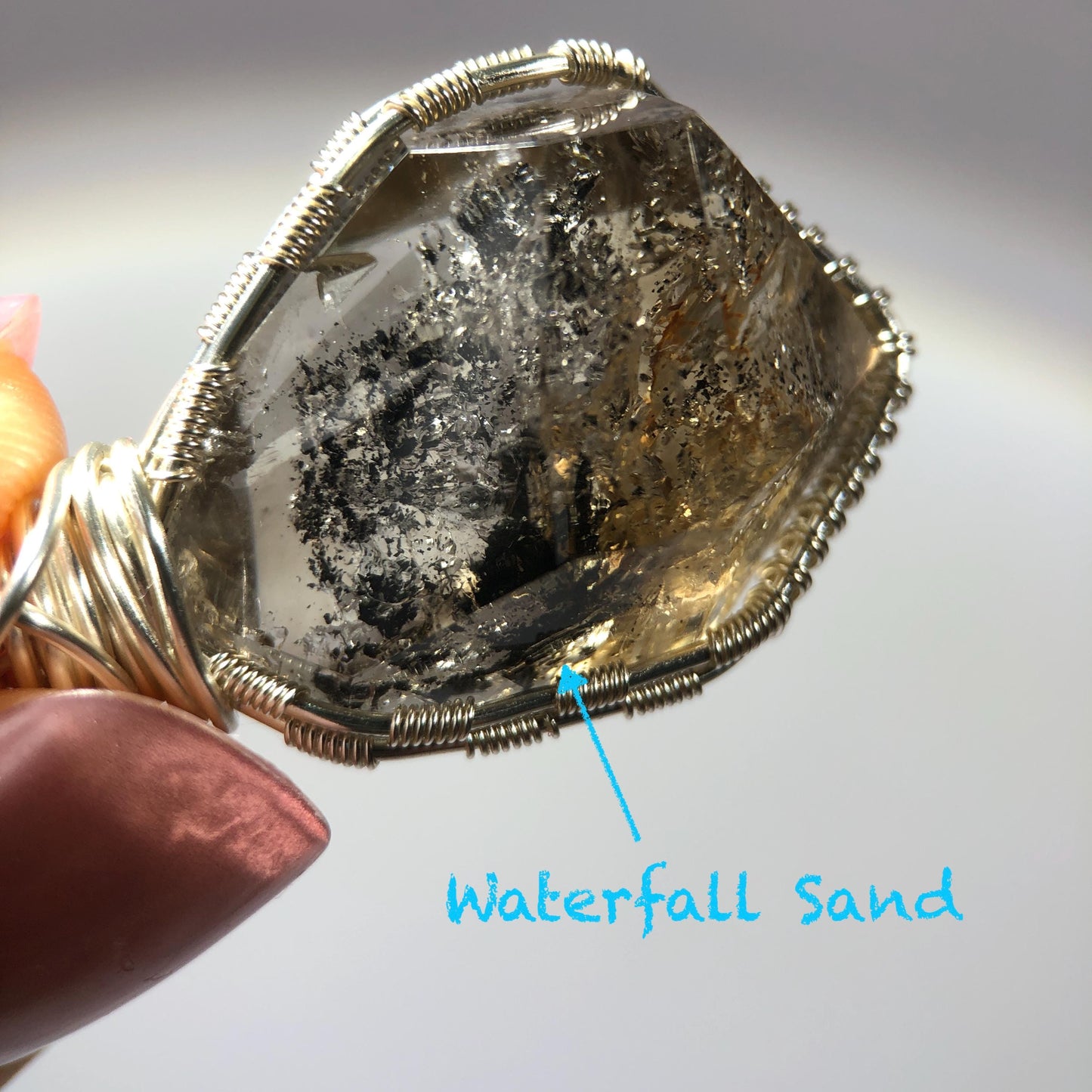 Rare Polished Enhydro Smoky Quartz (Herkimer Diamond) Wrapped Wire Pendant Adjustable Necklace | Moving Sand Waterfall! | Natural Gemstone Birthstone Gift for her | Rainbow Quartz Rainbow crystal enhydro quartz sand water-fall pendant necklace choker gemstone charm stone pendant choker polished stone pendant crystal charm birthstone gift for her men necklace chakra crystal purify stone minerals specimen adjustable choker mica quartz mica flakes silver wire wrapped pendant