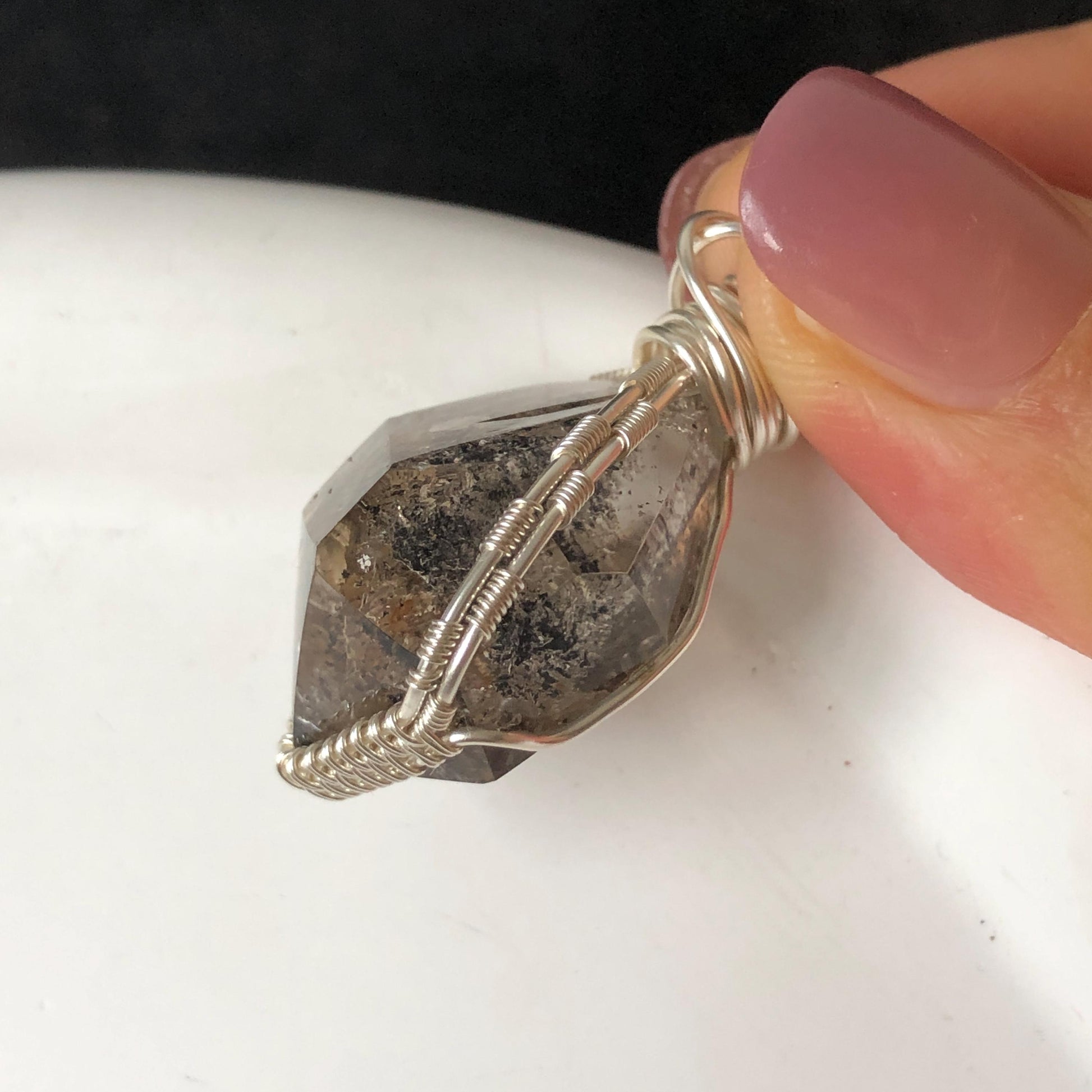 Rare Polished Enhydro Smoky Quartz (Herkimer Diamond) Wrapped Wire Pendant Adjustable Necklace | Moving Sand Waterfall! | Natural Gemstone Birthstone Gift for her | Rainbow Quartz Rainbow crystal enhydro quartz sand water-fall pendant necklace choker gemstone charm stone pendant choker polished stone pendant crystal charm birthstone gift for her men necklace chakra crystal purify stone minerals specimen adjustable choker mica quartz mica flakes silver wire wrapped pendant