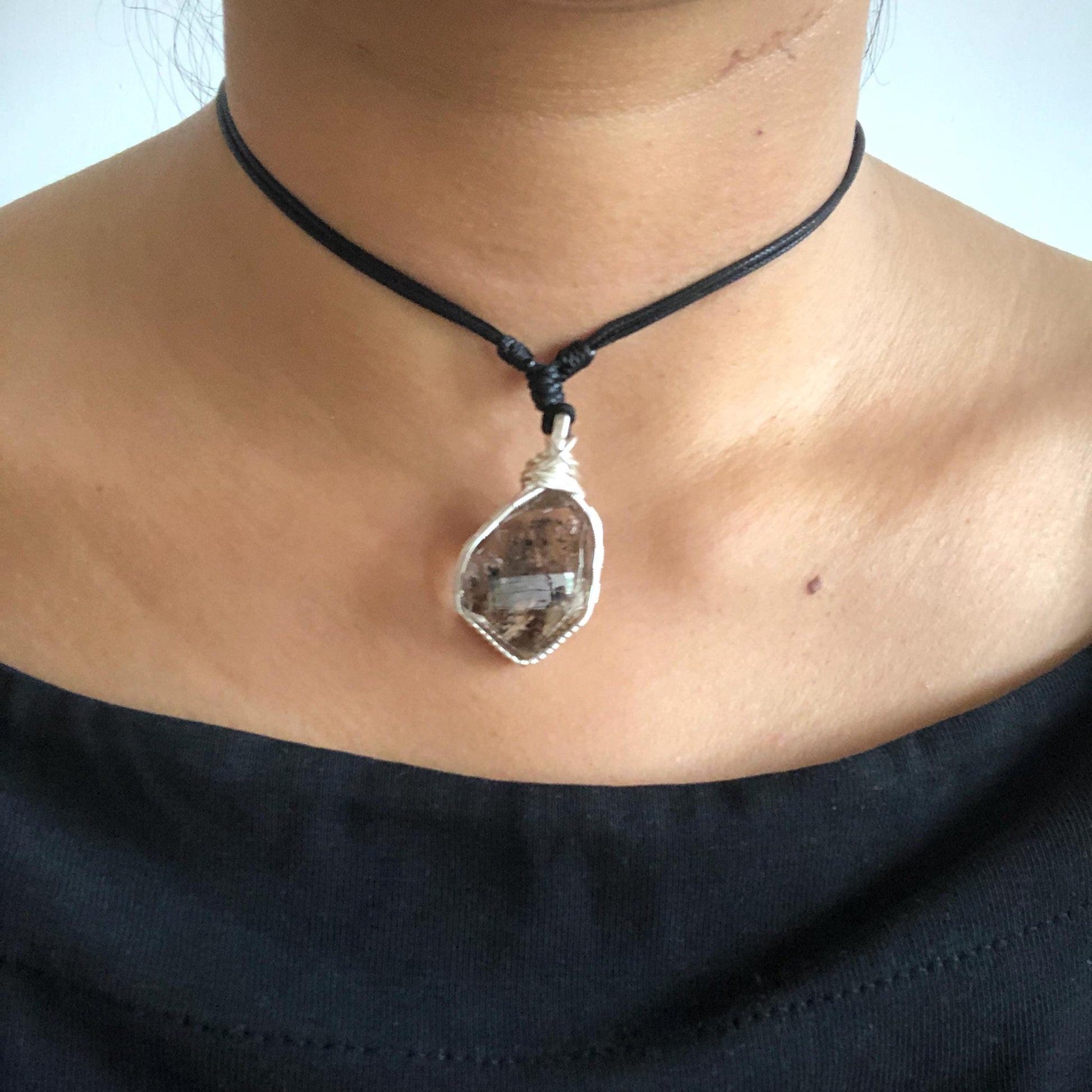 Rare Polished Enhydro Smoky Quartz (Herkimer Diamond) Wrapped Wire Pendant Adjustable Necklace | Moving Sand Waterfall! | Natural Gemstone Birthstone Gift for her | Rainbow Quartz Rainbow crystal enhydro quartz sand water-fall pendant necklace choker gemstone charm stone pendant choker polished stone pendant crystal charm birthstone gift for her men necklace chakra crystal purify stone minerals specimen adjustable choker mica quartz mica flakes silver wire wrapped pendant