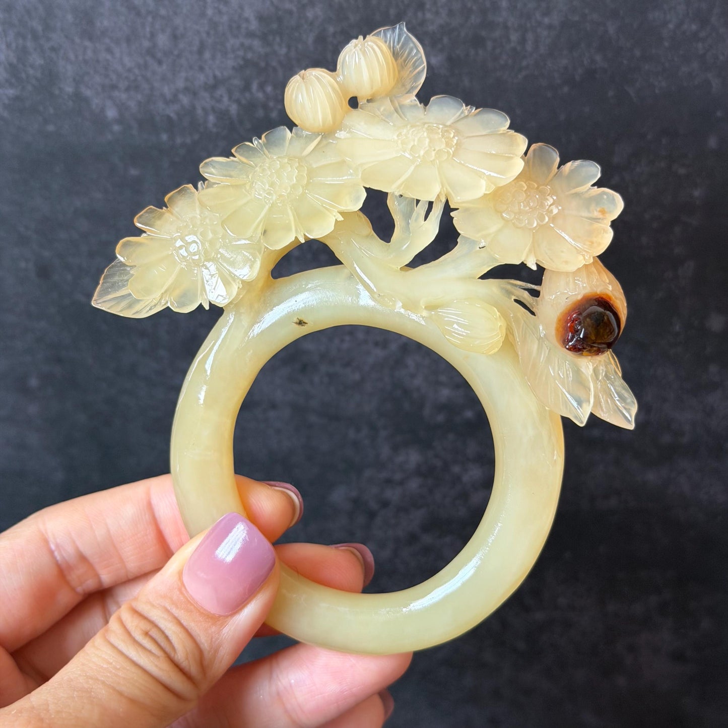 Xiu Jade Serpentine Hand Carved Bird & Daisy Flower Hair Pin: Certified Natural Beige Jade Hair Stick, Asian Vintage Hair Fork | Chinese Vintage Hanfu Antique Gift for her japanese hairpin korean hair stick chinese hair fork vintage hair comb antique hair pins hanfu hair stick bridal shower hair jewelry wedding headpiece engagement hair accessory jade carving hand engraved jade hand carved flower jade hairpins untreated natural jade with certificate bird carving daisy carving bi-colour jade