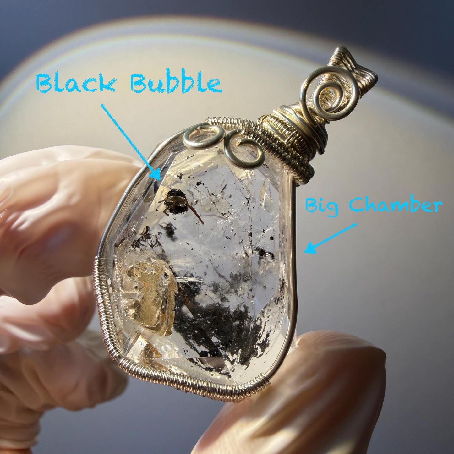Rare Polished Enhydro Quartz (Herkimer Diamond) Wrapped Wire Pendant Adjustable Necklace | Sand Waterfall! Moving Sand & Black Bubble | Natural Gemstone Birthstone Gift for her | enhydro quartz sand water-fall pendant necklace choker gemstone charm stone pendant choker polished stone pendant crystal charm birthstone gift for her men necklace chakra crystal purify stone minerals specimen adjustable choker mica quartz mica flakes silver wire wrapped pendant