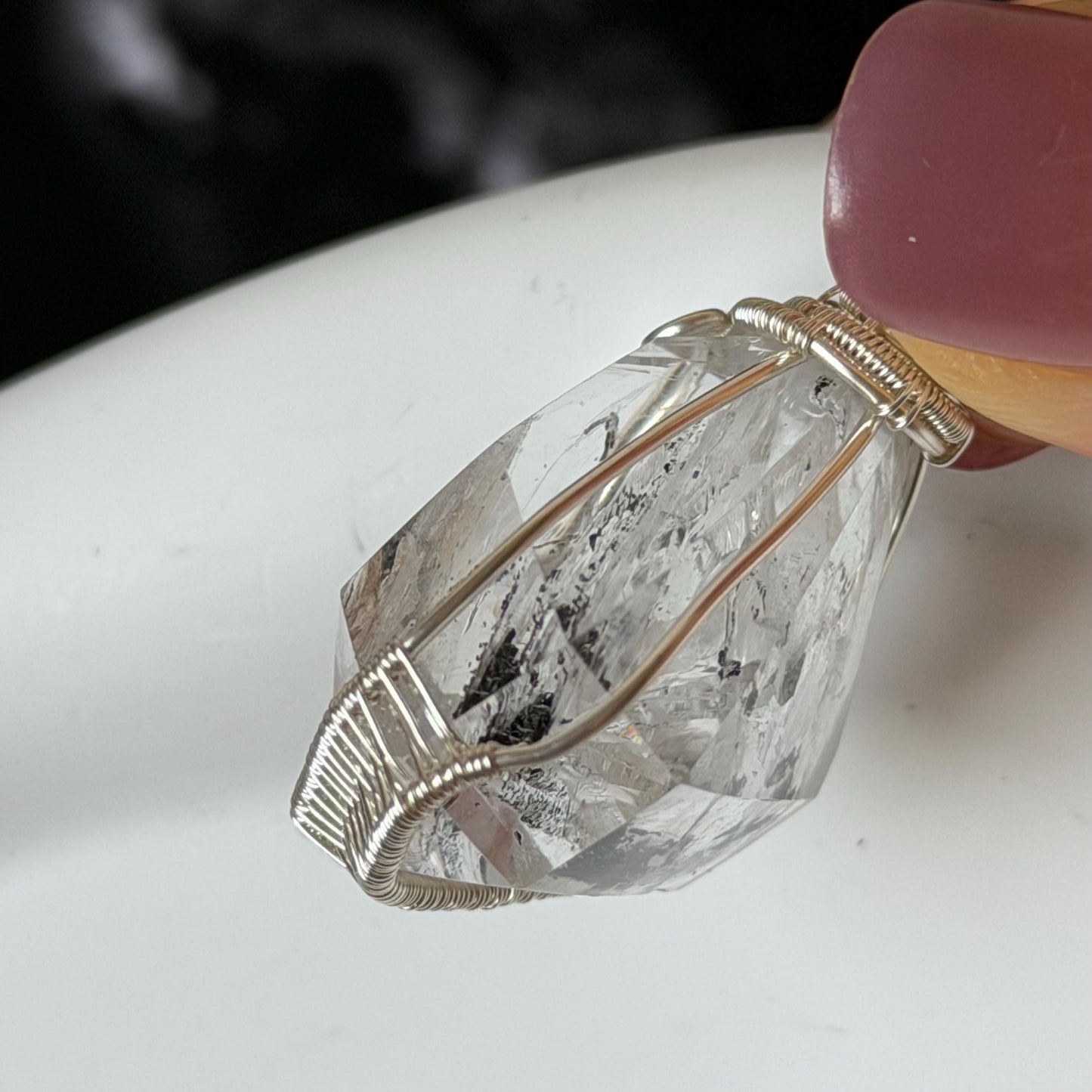 Rare Polished Enhydro Quartz (Herkimer Diamond) Wrapped Wire Pendant Adjustable Necklace | Sand Waterfall! Moving Sand & Black Bubble | Natural Gemstone Birthstone Gift for her | enhydro quartz sand water-fall pendant necklace choker gemstone charm stone pendant choker polished stone pendant crystal charm birthstone gift for her men necklace chakra crystal purify stone minerals specimen adjustable choker mica quartz mica flakes silver wire wrapped pendant
