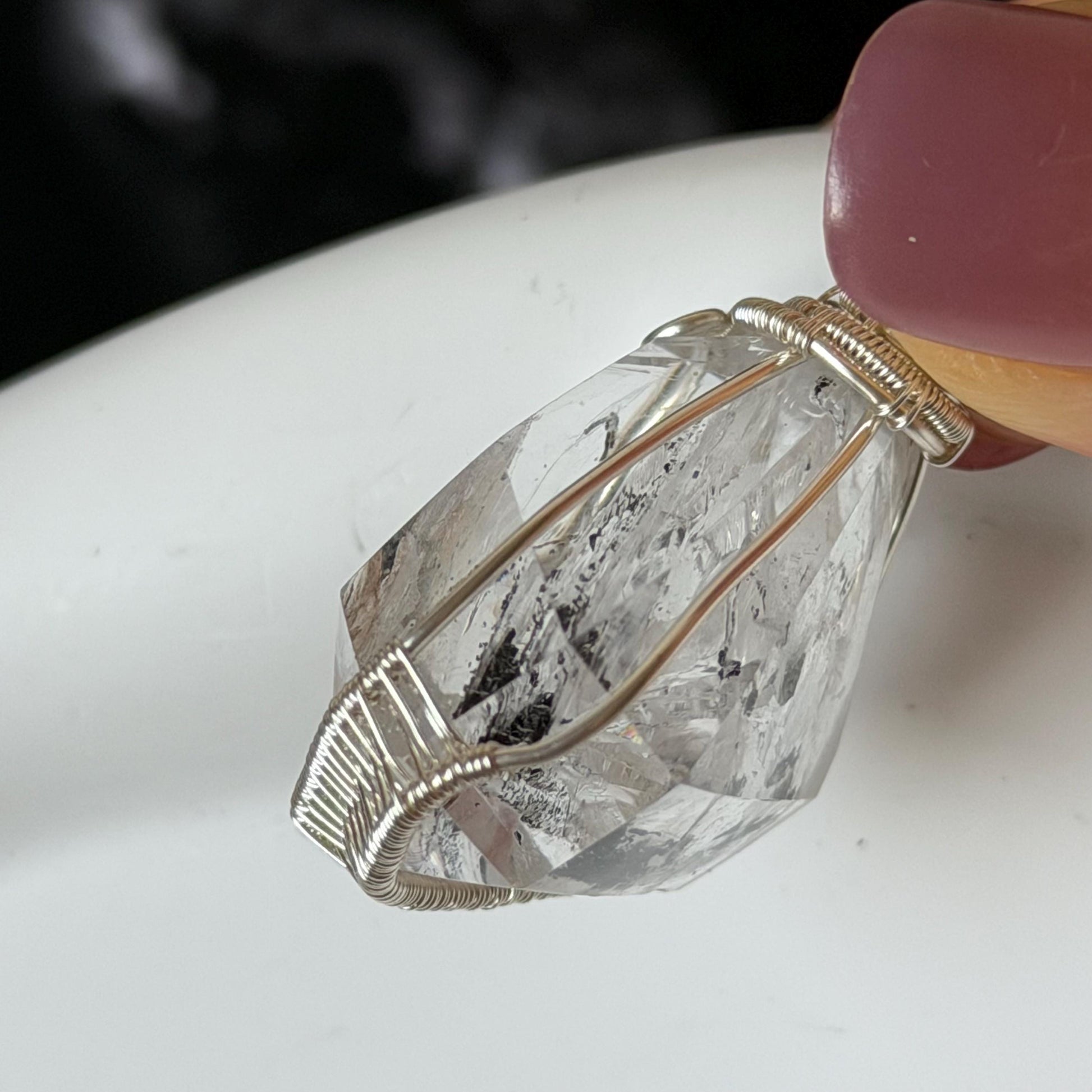 Rare Polished Enhydro Quartz (Herkimer Diamond) Wrapped Wire Pendant Adjustable Necklace | Sand Waterfall! Moving Sand & Black Bubble | Natural Gemstone Birthstone Gift for her | enhydro quartz sand water-fall pendant necklace choker gemstone charm stone pendant choker polished stone pendant crystal charm birthstone gift for her men necklace chakra crystal purify stone minerals specimen adjustable choker mica quartz mica flakes silver wire wrapped pendant