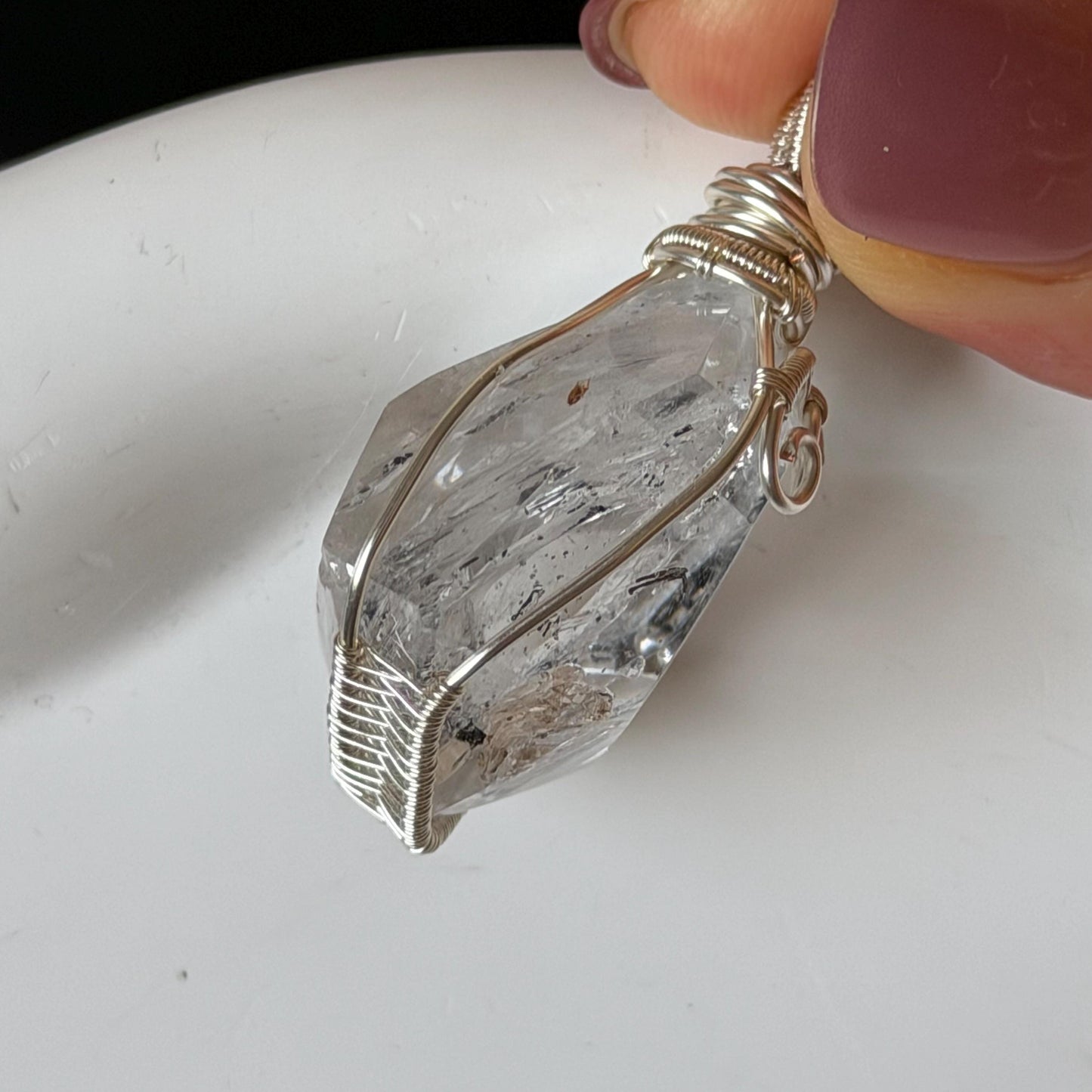 Rare Polished Enhydro Quartz (Herkimer Diamond) Wrapped Wire Pendant Adjustable Necklace | Sand Waterfall! Moving Sand & Black Bubble | Natural Gemstone Birthstone Gift for her | enhydro quartz sand water-fall pendant necklace choker gemstone charm stone pendant choker polished stone pendant crystal charm birthstone gift for her men necklace chakra crystal purify stone minerals specimen adjustable choker mica quartz mica flakes silver wire wrapped pendant