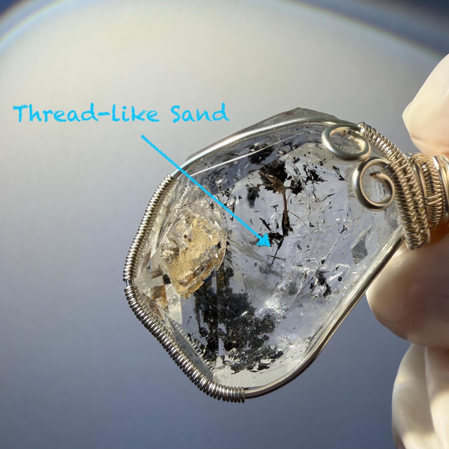 Rare Polished Enhydro Quartz (Herkimer Diamond) Wrapped Wire Pendant Adjustable Necklace | Sand Waterfall! Moving Sand & Black Bubble | Natural Gemstone Birthstone Gift for her | enhydro quartz sand water-fall pendant necklace choker gemstone charm stone pendant choker polished stone pendant crystal charm birthstone gift for her men necklace chakra crystal purify stone minerals specimen adjustable choker mica quartz mica flakes silver wire wrapped pendant