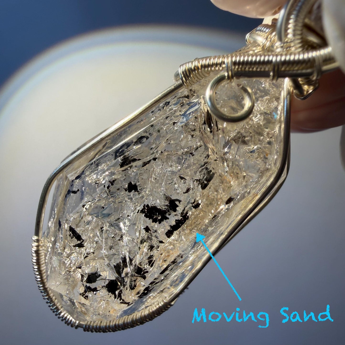 Rare Polished Enhydro Quartz (Herkimer Diamond) Wrapped Wire Pendant Adjustable Necklace | Sand Waterfall! Moving Sand & Water Bubble | Natural Gemstone Birthstone Gift for her  | enhydro quartz sand water-fall pendant necklace choker gemstone charm stone pendant choker polished stone pendant crystal charm birthstone gift for her men necklace chakra crystal purify stone minerals specimen adjustable choker mica quartz mica flakes silver wire wrapped pendant