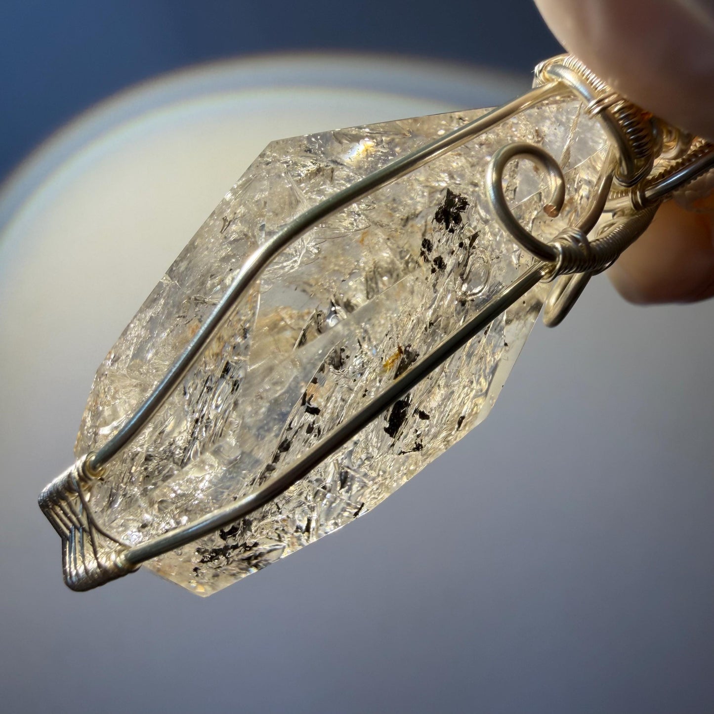 Rare Polished Enhydro Quartz (Herkimer Diamond) Wrapped Wire Pendant Adjustable Necklace | Sand Waterfall! Moving Sand & Water Bubble | Natural Gemstone Birthstone Gift for her  | enhydro quartz sand water-fall pendant necklace choker gemstone charm stone pendant choker polished stone pendant crystal charm birthstone gift for her men necklace chakra crystal purify stone minerals specimen adjustable choker mica quartz mica flakes silver wire wrapped pendant