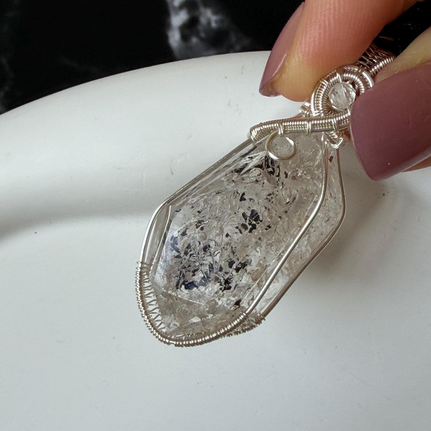 Rare Polished Enhydro Quartz (Herkimer Diamond) Wrapped Wire Pendant Adjustable Necklace | Sand Waterfall! Moving Sand & Water Bubble | Natural Gemstone Birthstone Gift for her  | enhydro quartz sand water-fall pendant necklace choker gemstone charm stone pendant choker polished stone pendant crystal charm birthstone gift for her men necklace chakra crystal purify stone minerals specimen adjustable choker mica quartz mica flakes silver wire wrapped pendant
