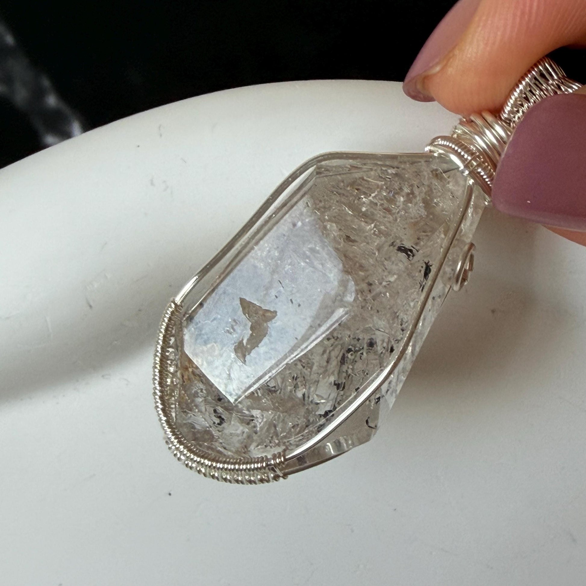 Rare Polished Enhydro Quartz (Herkimer Diamond) Wrapped Wire Pendant Adjustable Necklace | Sand Waterfall! Moving Sand & Water Bubble | Natural Gemstone Birthstone Gift for her  | enhydro quartz sand water-fall pendant necklace choker gemstone charm stone pendant choker polished stone pendant crystal charm birthstone gift for her men necklace chakra crystal purify stone minerals specimen adjustable choker mica quartz mica flakes silver wire wrapped pendant