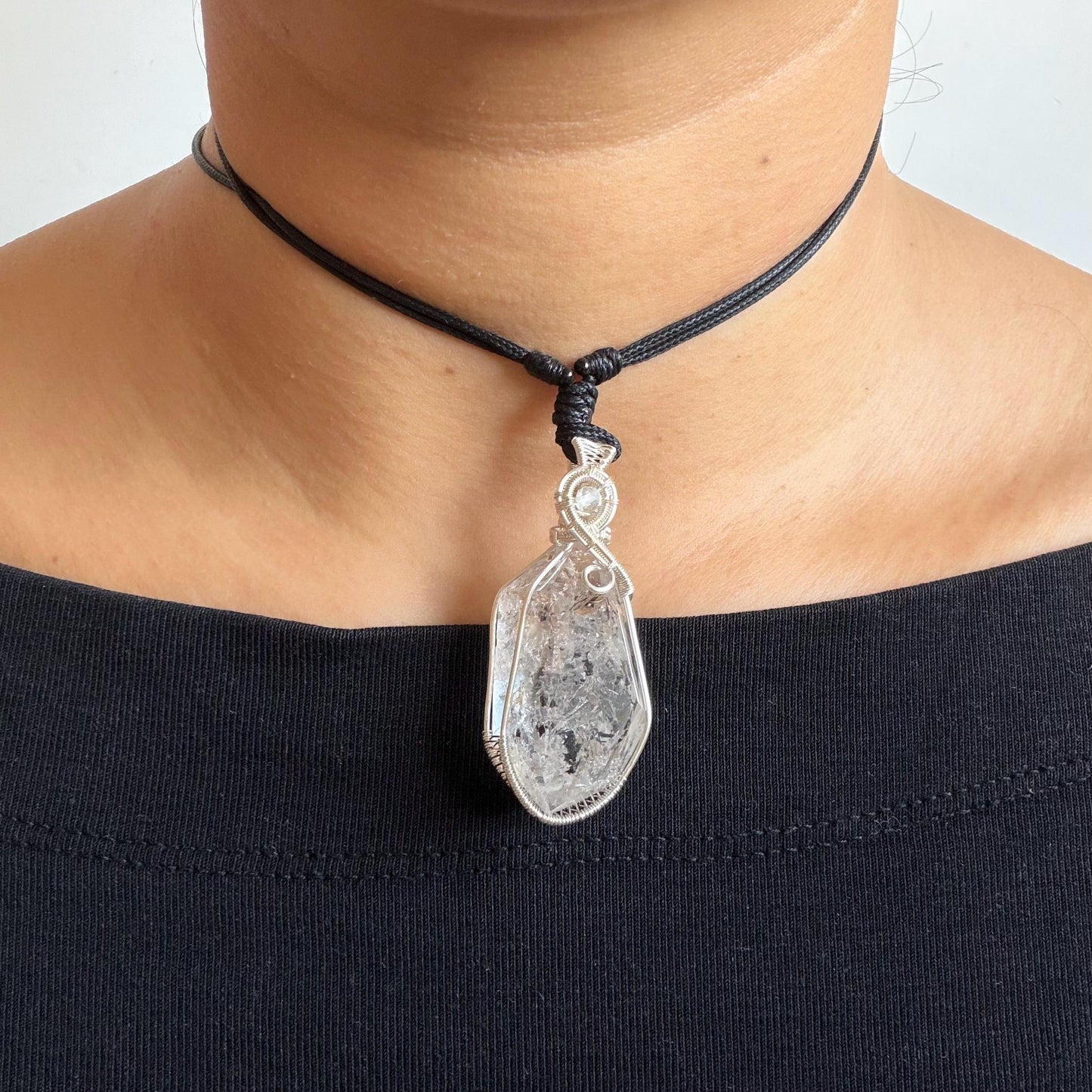Rare Polished Enhydro Quartz (Herkimer Diamond) Wrapped Wire Pendant Adjustable Necklace | Sand Waterfall! Moving Sand & Water Bubble | Natural Gemstone Birthstone Gift for her  | enhydro quartz sand water-fall pendant necklace choker gemstone charm stone pendant choker polished stone pendant crystal charm birthstone gift for her men necklace chakra crystal purify stone minerals specimen adjustable choker mica quartz mica flakes silver wire wrapped pendant