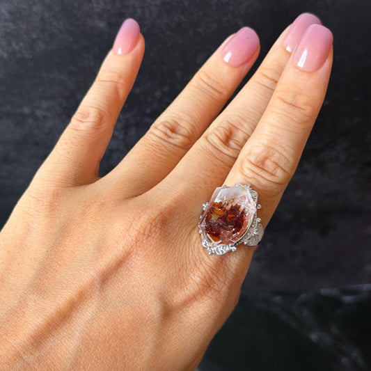 Polished Petroleum Enhydro Quartz S925 Sliver Adjustable Statement Ring: Moving Bubble in Golden Red Petroleum Oil Inclusion | Natural Gemstone Birthstone Gift for her golden red oil enhydro quartz cocktail ring for women bold ring for men meditation rock healing stone chakra crystal big size ring crystal band ring herkimer diamond silver ring