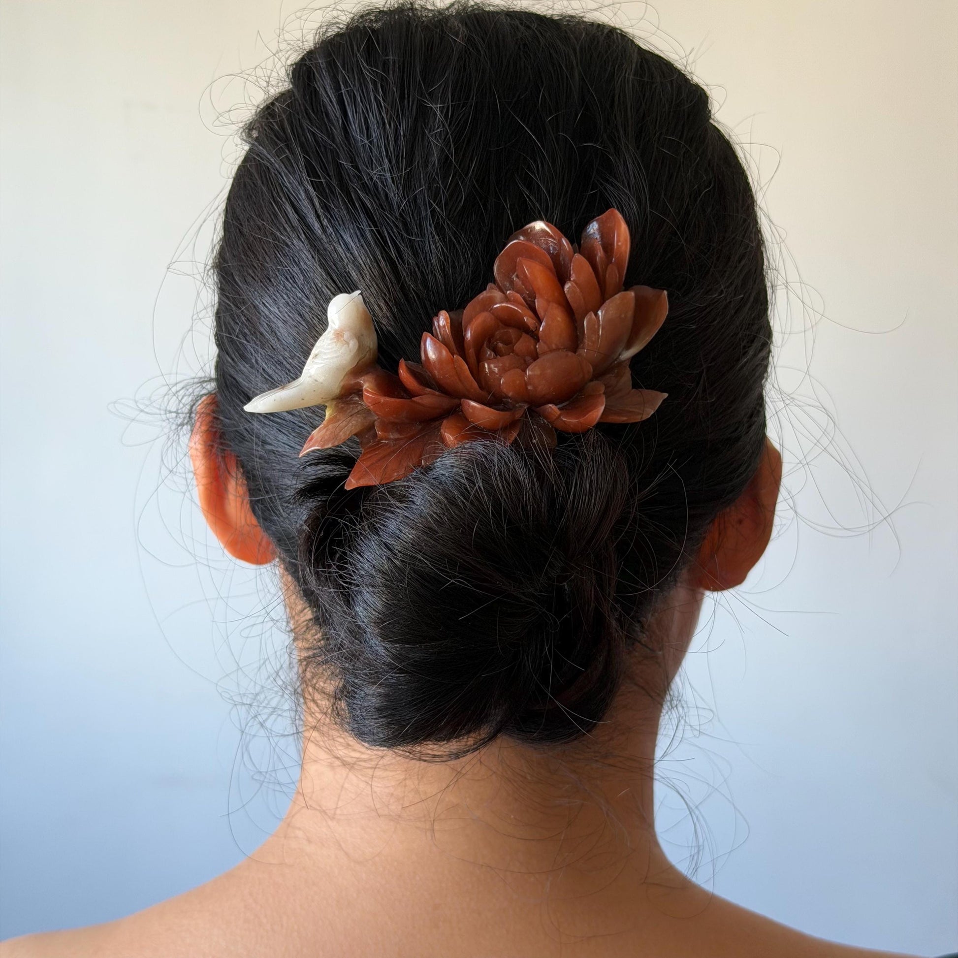 Xiu Jade Serpentine Hand Carved Bird & Red Peony Hair Clip: Certified Natural Rare-found Red Jade Flower Carving Vintage Hanfu Hair Jewelry  Gift for her Bridal Shower gift bridal hair clip wedding headpiece wedding hair jewelry bridal hair accessories red jade carving white jade hand engraved flower hair stick japanese hairpins korean hair stick chinese hair comb vintage hair pins antique hair fork hanfu hair pins certified untreated jade