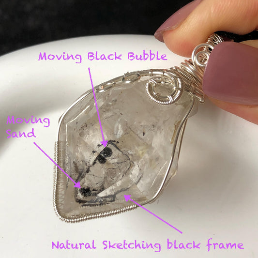 Raw Enhydro Quartz (Herkimer Diamond) Wire Wrapped Pendant Adjustable Necklace | Rainbow! Moving Sand & Black Bubble | Natural Gemstone Birthstone Gift for her  | Rainbow Quartz Rainbow crystal enhydro quartz sand water-fall pendant necklace choker gemstone charm stone pendant choker polished stone pendant crystal charm birthstone gift for her men necklace chakra crystal purify stone minerals specimen adjustable choker mica quartz mica flakes silver wire wrapped pendant