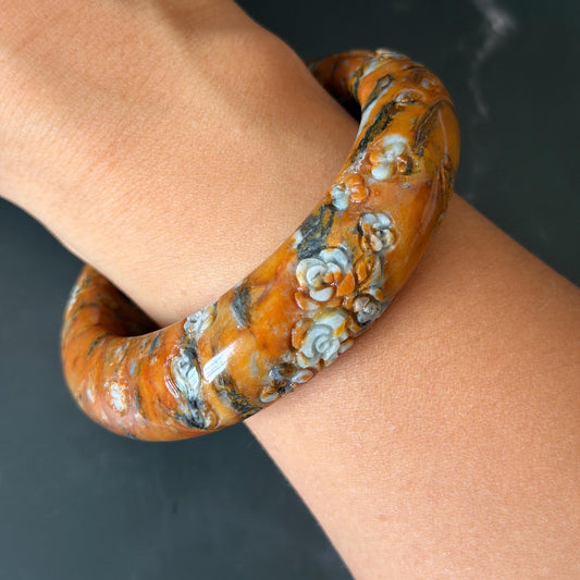 58.6mm Xiu Jade Serpentine Hand Carved Peony Flowers Bangle: Natural White and Brown Jade Handcrafted Bracelet, Stone Carving Gemstone Jewelry 
 Gift for her wide jade bangle jade carving hand engraved stone carving natural untreated jade bracelet white jade brown jade handcraft jade peony carving flower carving chinese jade vintage bangle antique bracelet Osmanthus flower antique bangle hand engraved jewelry