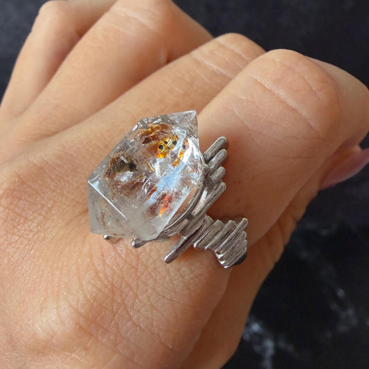 Polished Petroleum Enhydro Quartz S925 Sliver Adjustable Statement Ring: two Moving Bubble in Golden Red Petroleum Oil Inclusion | Natural Gemstone Birthstone Gift for her golden red oil enhydro quartz cocktail ring for women bold ring for men meditation rock healing stone chakra crystal big size ring crystal band ring herkimer diamond silver ring