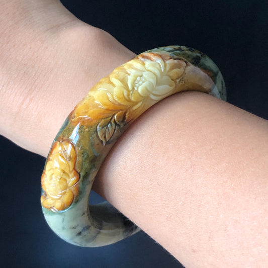 59mm Xiu Jade Serpentine Hand Carved Peony Flowers Bangle: Natural Yellow Green Jade Handcrafted Bracelet, Stone Carving Gemstone Jewelry Gift for her wide jade bangle jade carving hand engraved stone carving natural untreated jade bracelet green jade yellow jade brown jade handcraft jade peony carving flower carving chinese jade vintage bangle antique bracelet