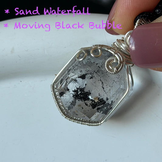 Rare Polished Enhydro Quartz (Herkimer Diamond) Wire Wrapped Pendant Adjustable Necklace: Sand Waterfall! Moving Sand & Black Bubble Inclusion Crystal | Natural Gemstone Birthstone Gift for her | Natural Gemstone Birthstone Gift for her enhydro quartz sand waterfall pendant necklace choker gemstone charm stone pendant choker polished stone pendant crystal charm birthstone men necklace chakra crystal purify stone minerals specimen adjustable choker mica quartz silver plated copper
