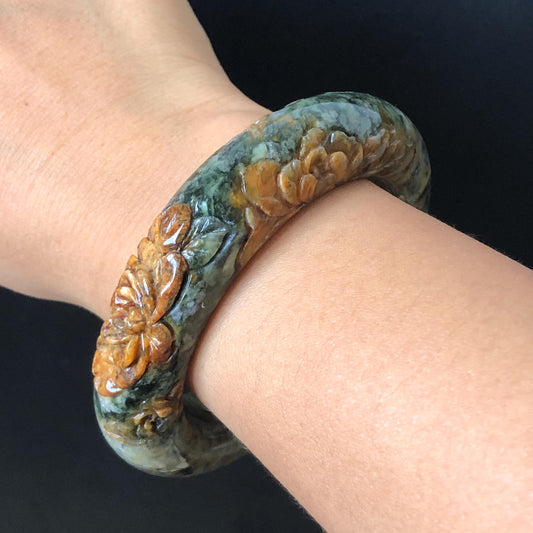 58.7mm Xiu Jade Serpentine Hand Carved Peony Flowers Bangle: Natural Brown Green Jade Handcrafted Bracelet, Stone Carving Gemstone Jewelry Gift for her wide jade bangle jade carving hand engraved stone carving natural untreated jade bracelet green jade yellow jade brown jade handcraft jade peony carving flower carving chinese jade vintage bangle antique bracelet