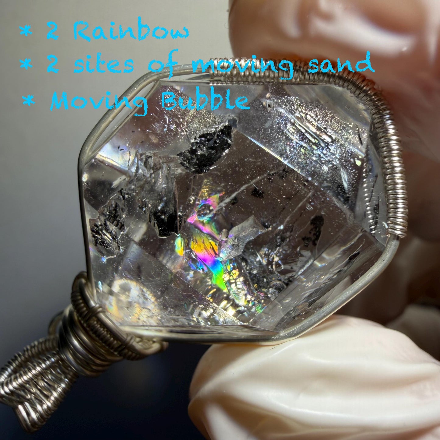 Rare Polished Enhydro Quartz (Herkimer Diamond) Wire Wrapped Pendant Adjustable Necklace | Rainbow! 2 Sites of Moving Sand & Clear Bubble Inclusion Crystal | Natural Gemstone Birthstone Gift for her Rainbow Quartz Rainbow crystal enhydro quartz sand water-fall pendant necklace choker gemstone charm stone pendant choker polished stone pendant crystal charm birthstone gift for her men necklace chakra crystal purify stone minerals specimen adjustable choker  silver wire wrapped pendant