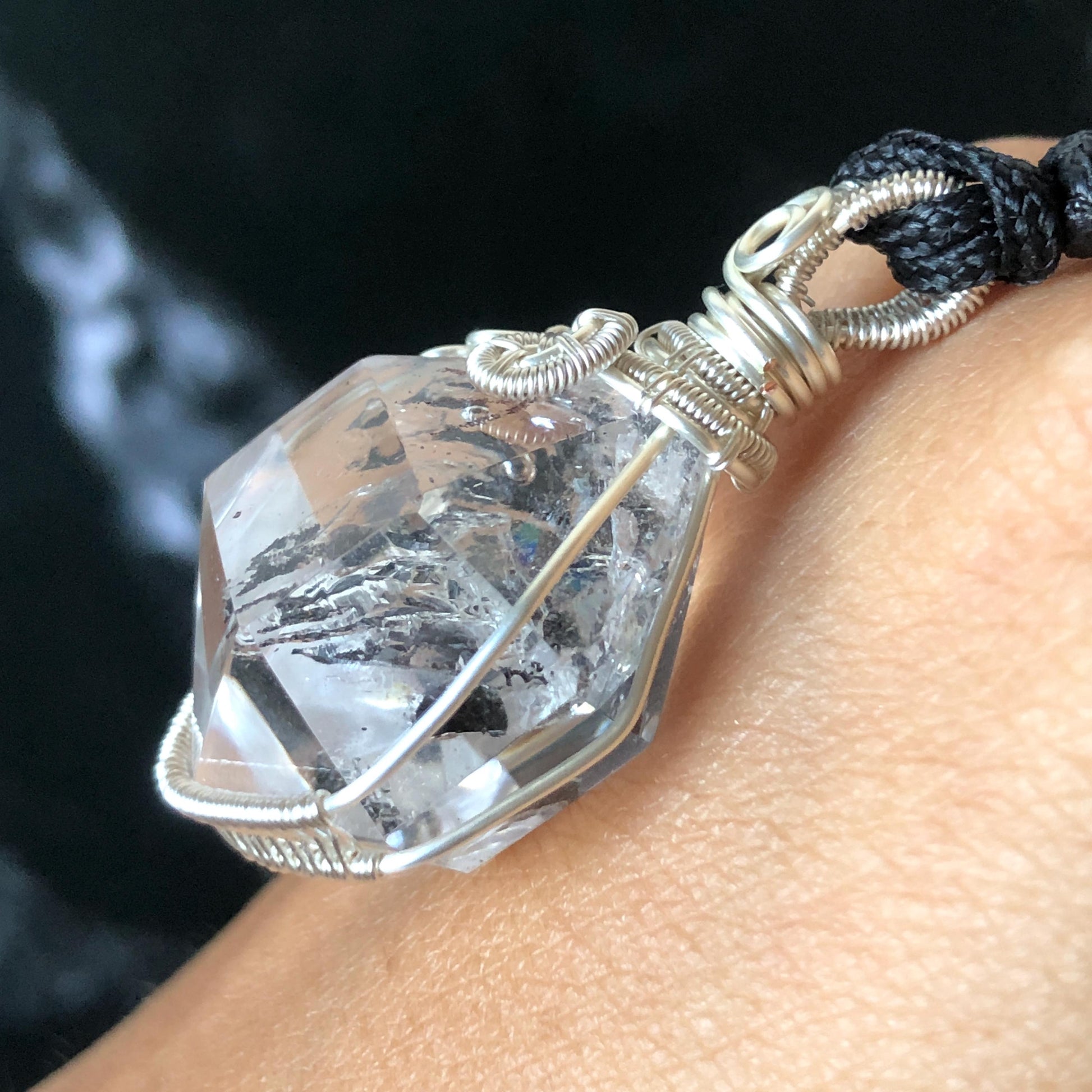 Rare Polished Enhydro Quartz (Herkimer Diamond) Wire Wrapped Pendant Adjustable Necklace | Rainbow! 2 Sites of Moving Sand & Clear Bubble Inclusion Crystal | Natural Gemstone Birthstone Gift for her Rainbow Quartz Rainbow crystal enhydro quartz sand water-fall pendant necklace choker gemstone charm stone pendant choker polished stone pendant crystal charm birthstone gift for her men necklace chakra crystal purify stone minerals specimen adjustable choker  silver wire wrapped pendant