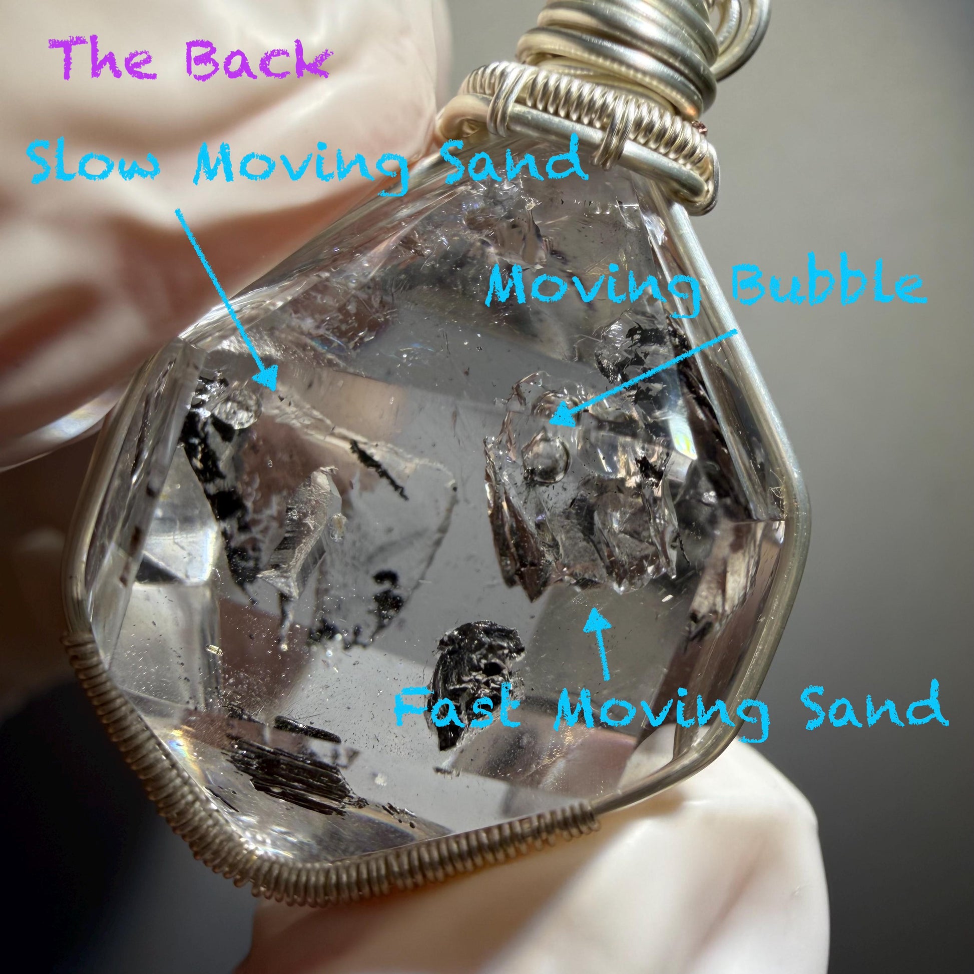 Rare Polished Enhydro Quartz (Herkimer Diamond) Wire Wrapped Pendant Adjustable Necklace | Rainbow! 2 Sites of Moving Sand & Clear Bubble Inclusion Crystal | Natural Gemstone Birthstone Gift for her Rainbow Quartz Rainbow crystal enhydro quartz sand water-fall pendant necklace choker gemstone charm stone pendant choker polished stone pendant crystal charm birthstone gift for her men necklace chakra crystal purify stone minerals specimen adjustable choker  silver wire wrapped pendant