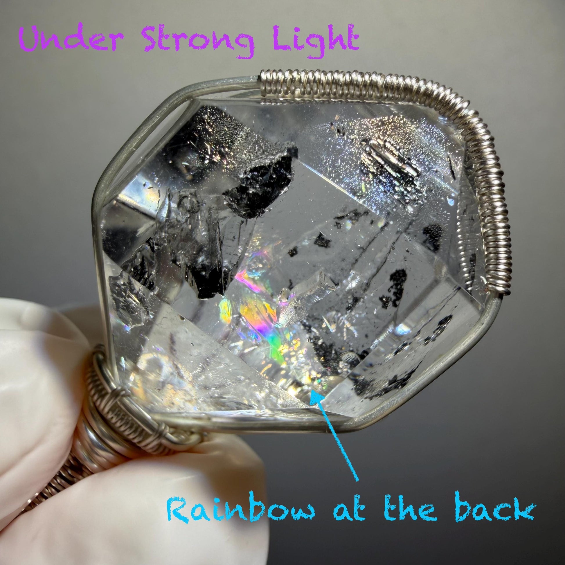 Rare Polished Enhydro Quartz (Herkimer Diamond) Wire Wrapped Pendant Adjustable Necklace | Rainbow! 2 Sites of Moving Sand & Clear Bubble Inclusion Crystal | Natural Gemstone Birthstone Gift for her Rainbow Quartz Rainbow crystal enhydro quartz sand water-fall pendant necklace choker gemstone charm stone pendant choker polished stone pendant crystal charm birthstone gift for her men necklace chakra crystal purify stone minerals specimen adjustable choker  silver wire wrapped pendant