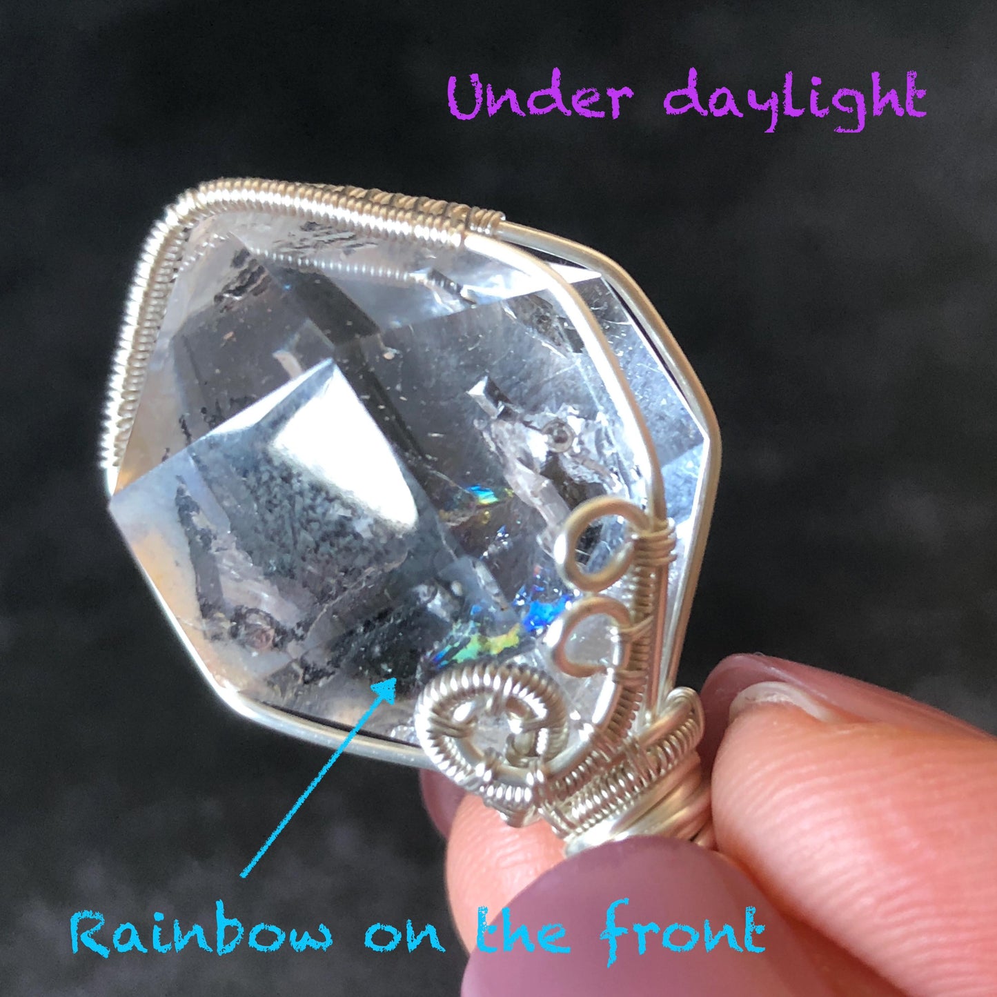 Rare Polished Enhydro Quartz (Herkimer Diamond) Wire Wrapped Pendant Adjustable Necklace | Rainbow! 2 Sites of Moving Sand & Clear Bubble Inclusion Crystal | Natural Gemstone Birthstone Gift for her Rainbow Quartz Rainbow crystal enhydro quartz sand water-fall pendant necklace choker gemstone charm stone pendant choker polished stone pendant crystal charm birthstone gift for her men necklace chakra crystal purify stone minerals specimen adjustable choker  silver wire wrapped pendant