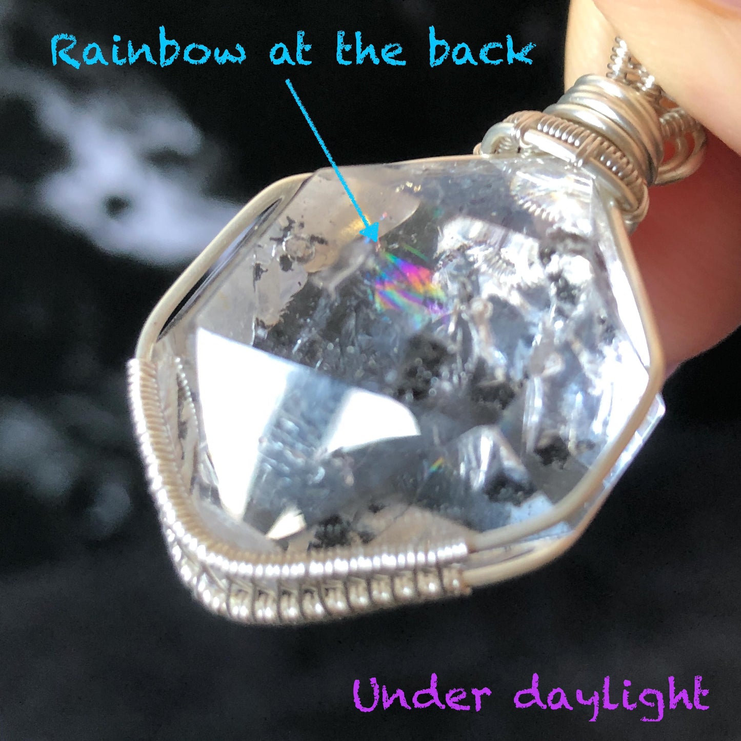 Rare Polished Enhydro Quartz (Herkimer Diamond) Wire Wrapped Pendant Adjustable Necklace | Rainbow! 2 Sites of Moving Sand & Clear Bubble Inclusion Crystal | Natural Gemstone Birthstone Gift for her Rainbow Quartz Rainbow crystal enhydro quartz sand water-fall pendant necklace choker gemstone charm stone pendant choker polished stone pendant crystal charm birthstone gift for her men necklace chakra crystal purify stone minerals specimen adjustable choker  silver wire wrapped pendant