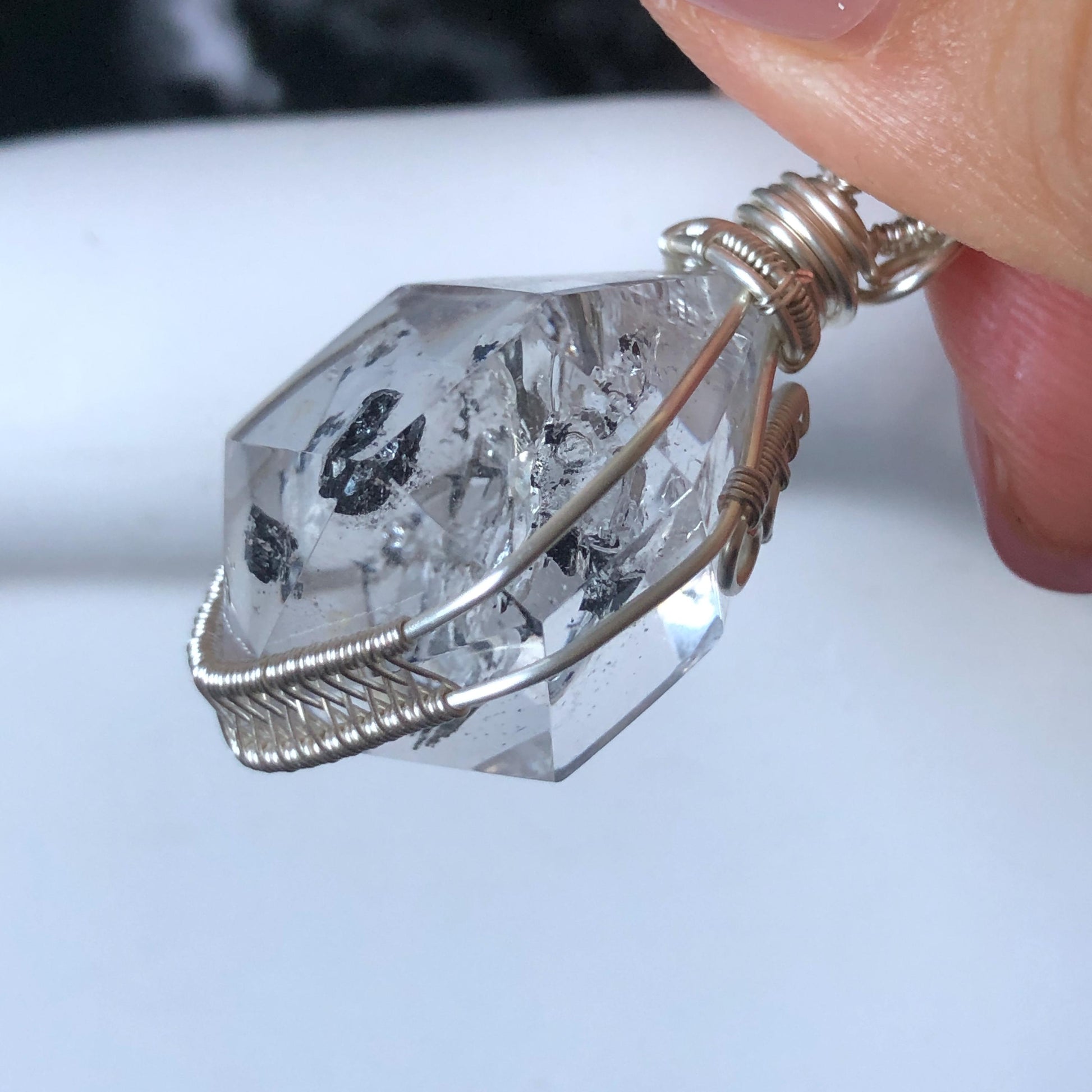 Rare Polished Enhydro Quartz (Herkimer Diamond) Wire Wrapped Pendant Adjustable Necklace | Rainbow! 2 Sites of Moving Sand & Clear Bubble Inclusion Crystal | Natural Gemstone Birthstone Gift for her Rainbow Quartz Rainbow crystal enhydro quartz sand water-fall pendant necklace choker gemstone charm stone pendant choker polished stone pendant crystal charm birthstone gift for her men necklace chakra crystal purify stone minerals specimen adjustable choker  silver wire wrapped pendant