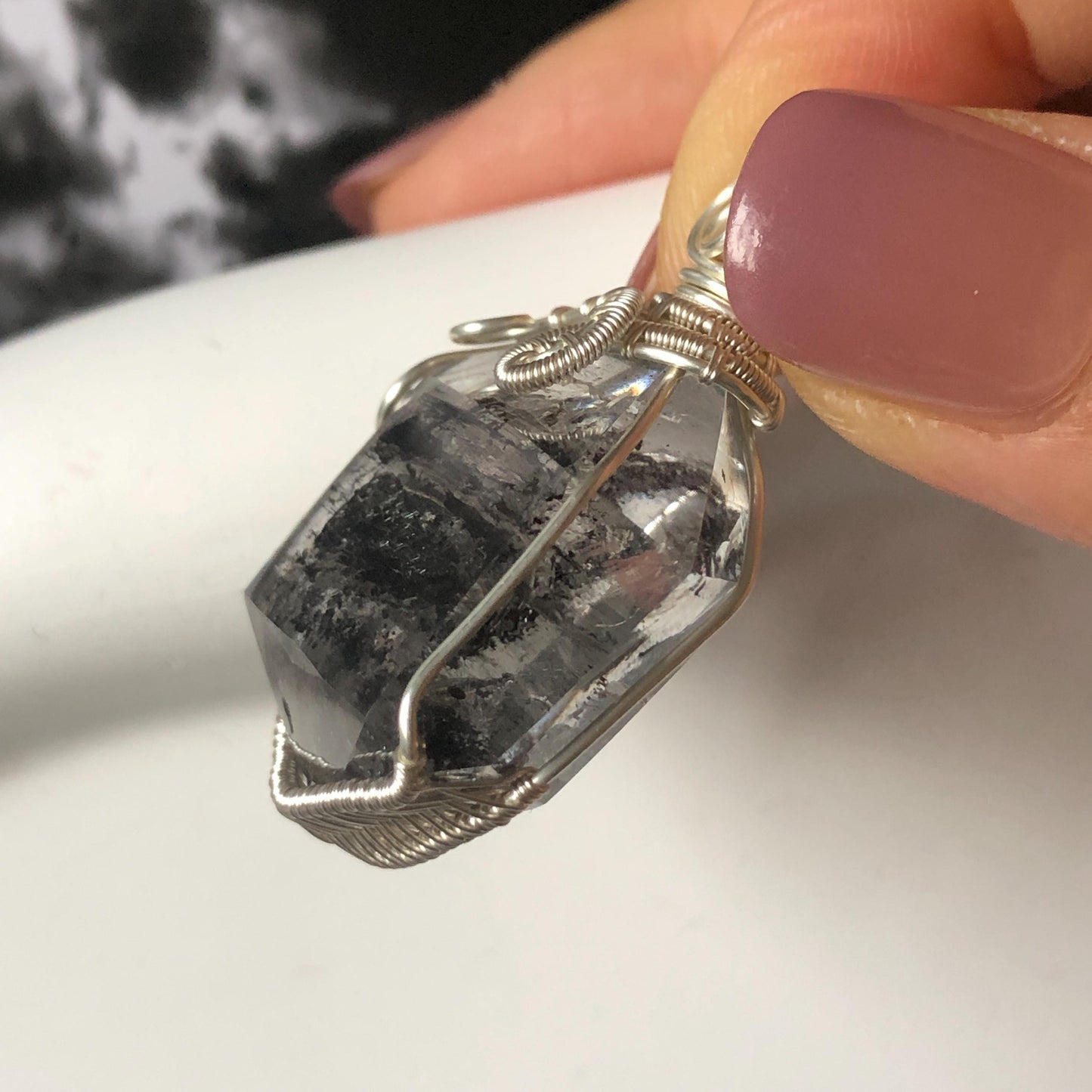 Polished Enhydro Quartz (Herkimer Diamond) Wire Wrapped Pendant Adjustable Necklace: Sand Waterfall! Moving Sand & 2 Big Clear Bubble Inclusion Crystal | Natural Gemstone Birthstone Gift for her  enhydro quartz sand water-fall pendant necklace choker gemstone charm stone pendant choker polished stone pendant crystal charm birthstone gift for her men necklace chakra crystal purify stone minerals specimen adjustable choker mica quartz mica flakes silver wire wrapped pendant