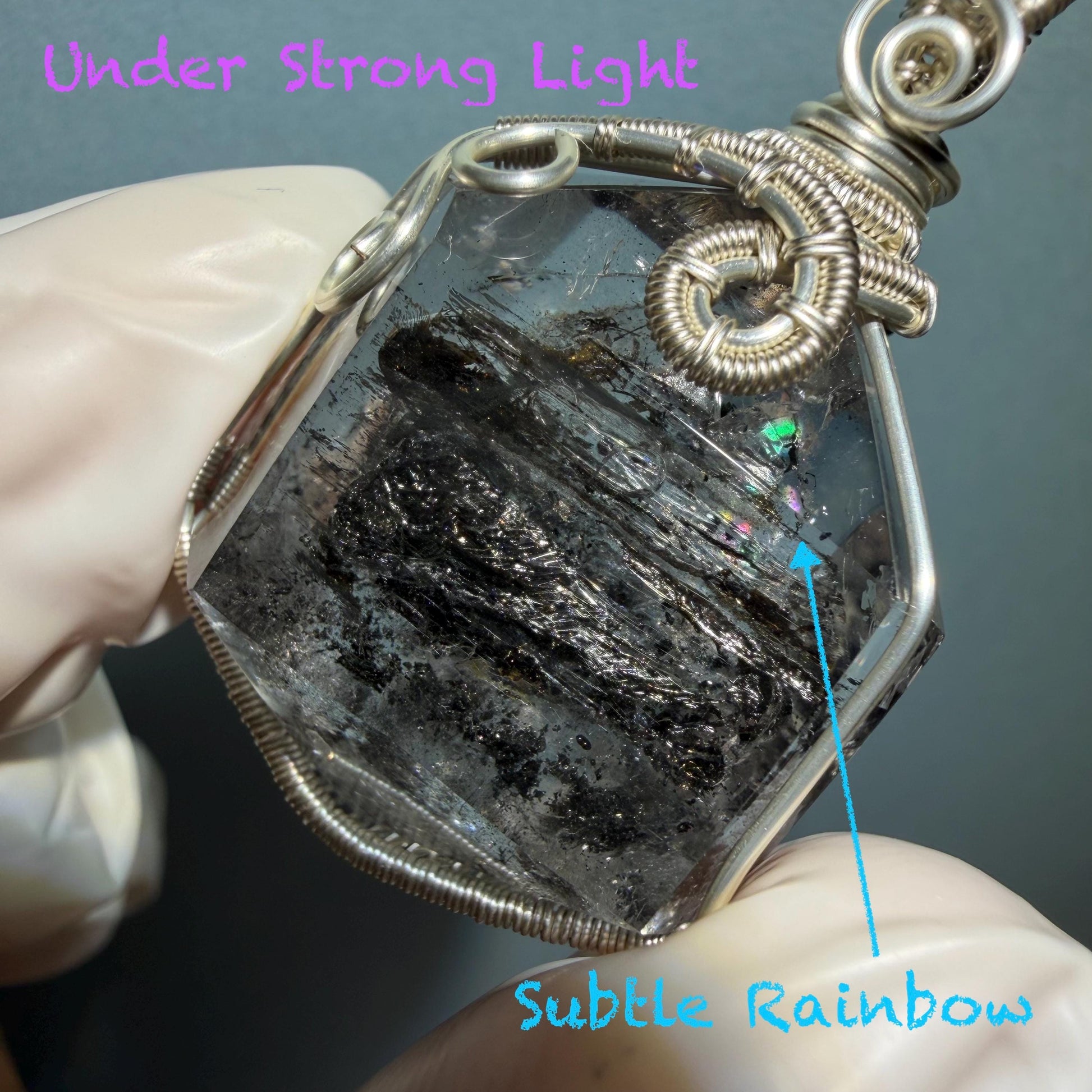 Polished Enhydro Quartz (Herkimer Diamond) Wire Wrapped Pendant Adjustable Necklace: Sand Waterfall! Moving Sand & 2 Big Clear Bubble Inclusion Crystal | Natural Gemstone Birthstone Gift for her  enhydro quartz sand water-fall pendant necklace choker gemstone charm stone pendant choker polished stone pendant crystal charm birthstone gift for her men necklace chakra crystal purify stone minerals specimen adjustable choker mica quartz mica flakes silver wire wrapped pendant