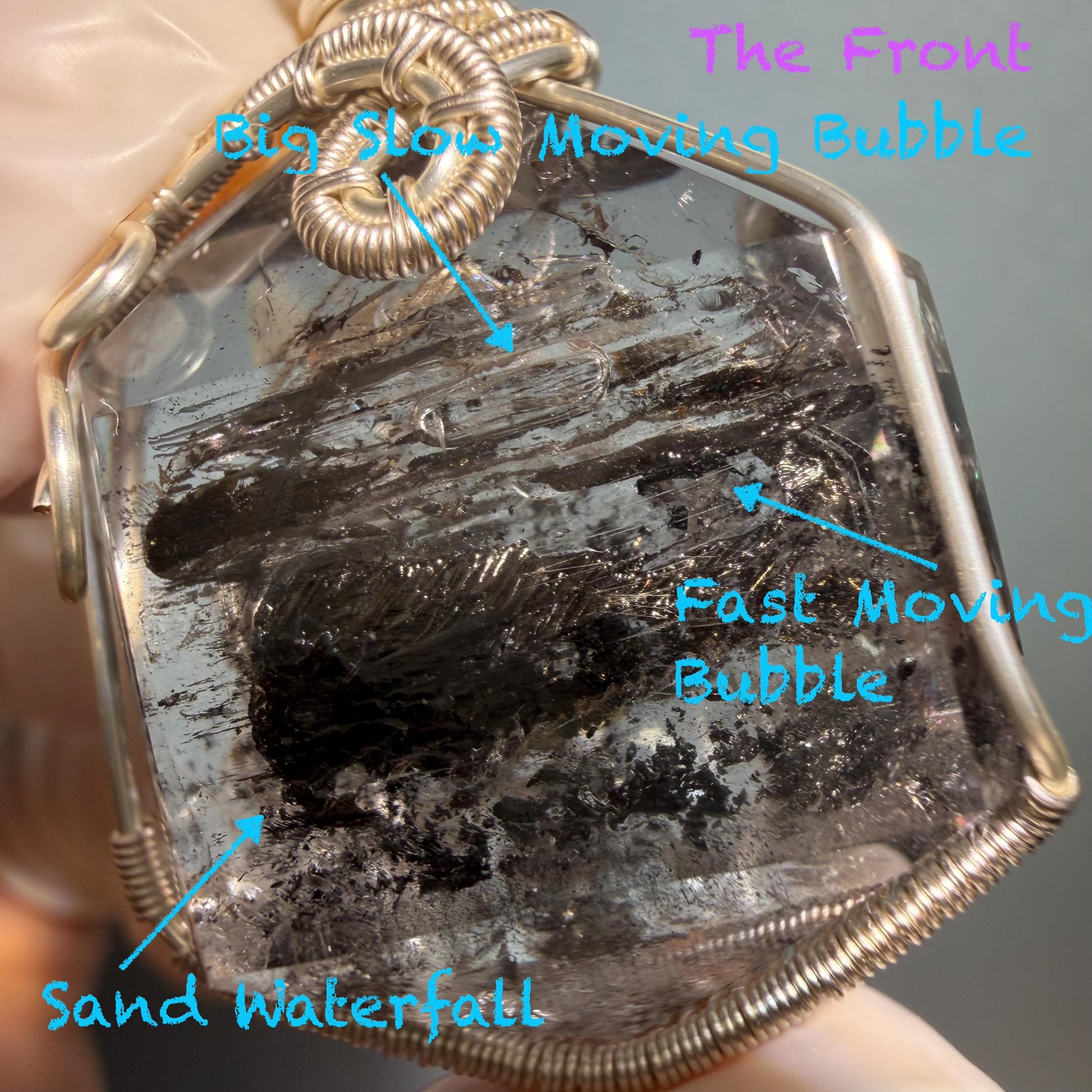 Polished Enhydro Quartz (Herkimer Diamond) Pendant Necklace: Sand Waterfall! Moving Sand & 2 Big Clear Bubble Inclusion Crystal