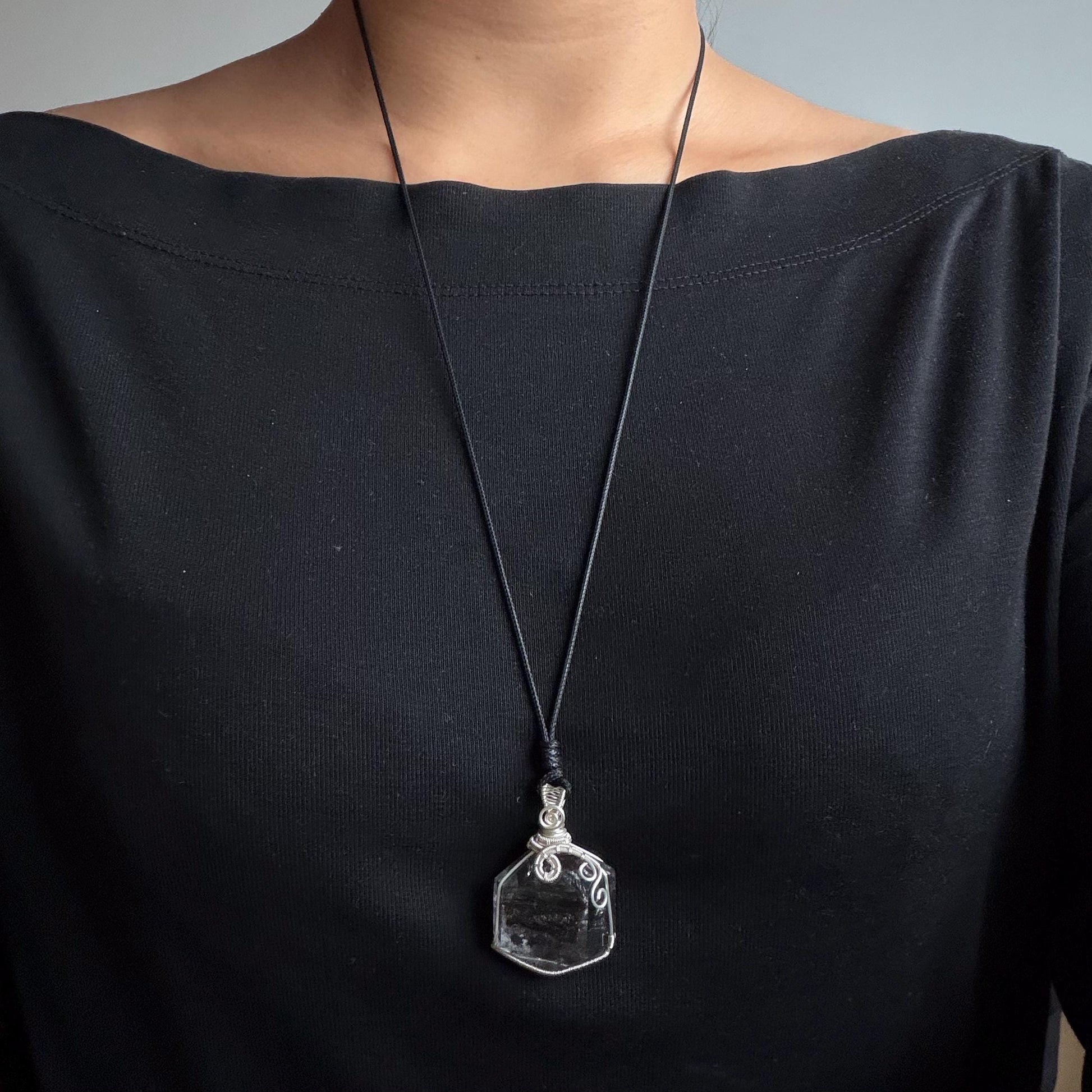 Polished Enhydro Quartz (Herkimer Diamond) Wire Wrapped Pendant Adjustable Necklace: Sand Waterfall! Moving Sand & 2 Big Clear Bubble Inclusion Crystal | Natural Gemstone Birthstone Gift for her  enhydro quartz sand water-fall pendant necklace choker gemstone charm stone pendant choker polished stone pendant crystal charm birthstone gift for her men necklace chakra crystal purify stone minerals specimen adjustable choker mica quartz mica flakes silver wire wrapped pendant