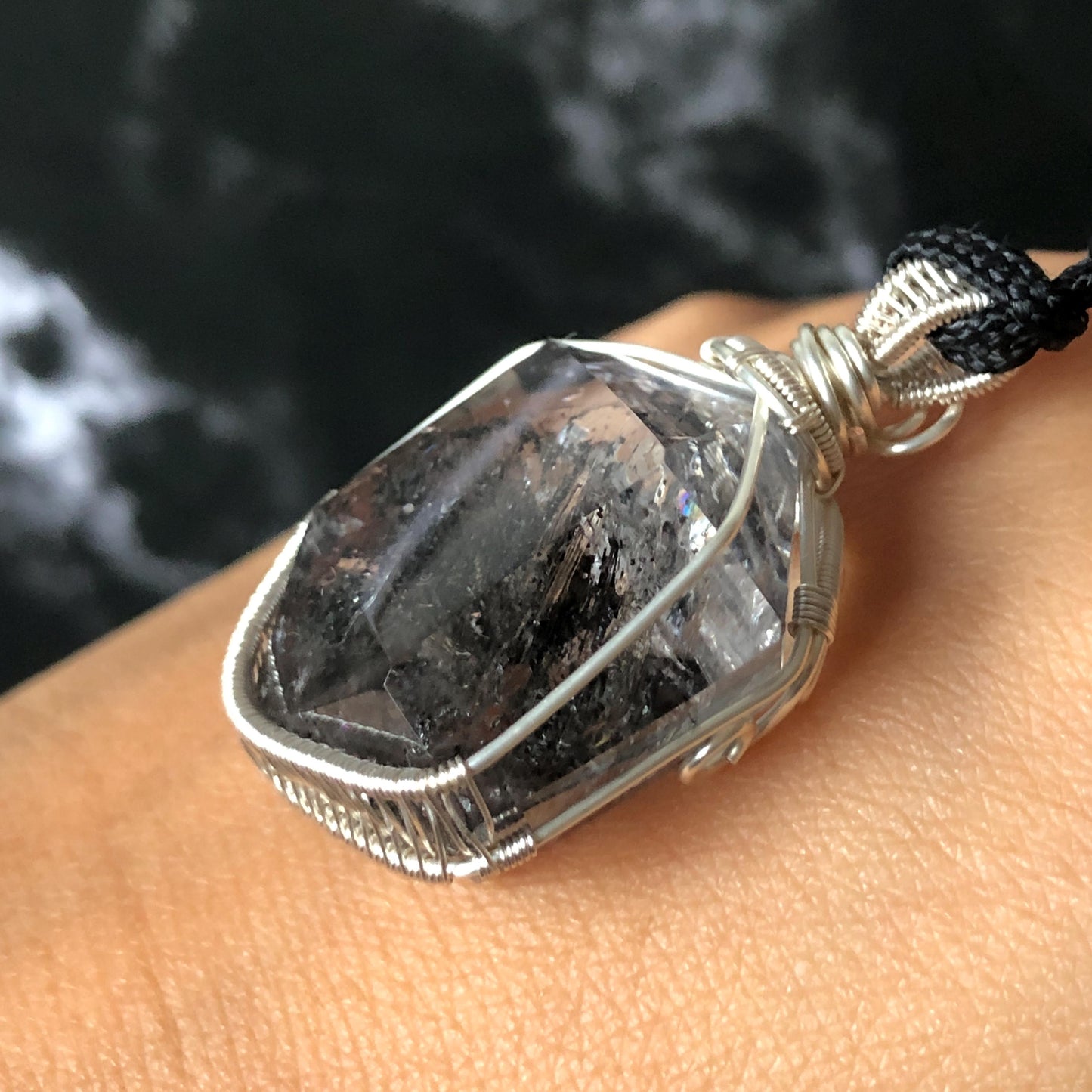 Polished Enhydro Quartz (Herkimer Diamond) Wire Wrapped Pendant Adjustable Necklace: Sand Waterfall! Moving Sand & 2 Big Clear Bubble Inclusion Crystal | Natural Gemstone Birthstone Gift for her  enhydro quartz sand water-fall pendant necklace choker gemstone charm stone pendant choker polished stone pendant crystal charm birthstone gift for her men necklace chakra crystal purify stone minerals specimen adjustable choker mica quartz mica flakes silver wire wrapped pendant