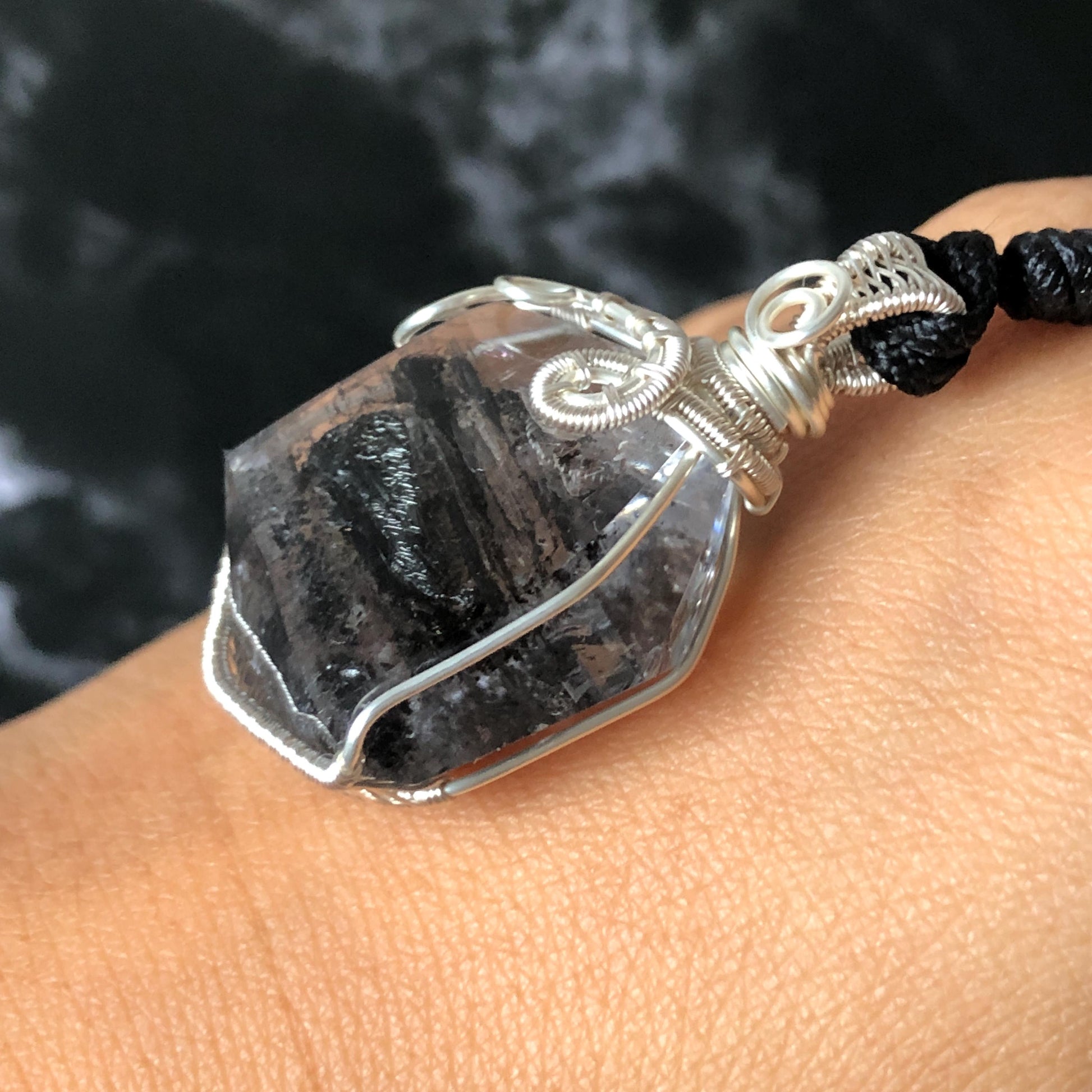 Polished Enhydro Quartz (Herkimer Diamond) Wire Wrapped Pendant Adjustable Necklace: Sand Waterfall! Moving Sand & 2 Big Clear Bubble Inclusion Crystal | Natural Gemstone Birthstone Gift for her  enhydro quartz sand water-fall pendant necklace choker gemstone charm stone pendant choker polished stone pendant crystal charm birthstone gift for her men necklace chakra crystal purify stone minerals specimen adjustable choker mica quartz mica flakes silver wire wrapped pendant