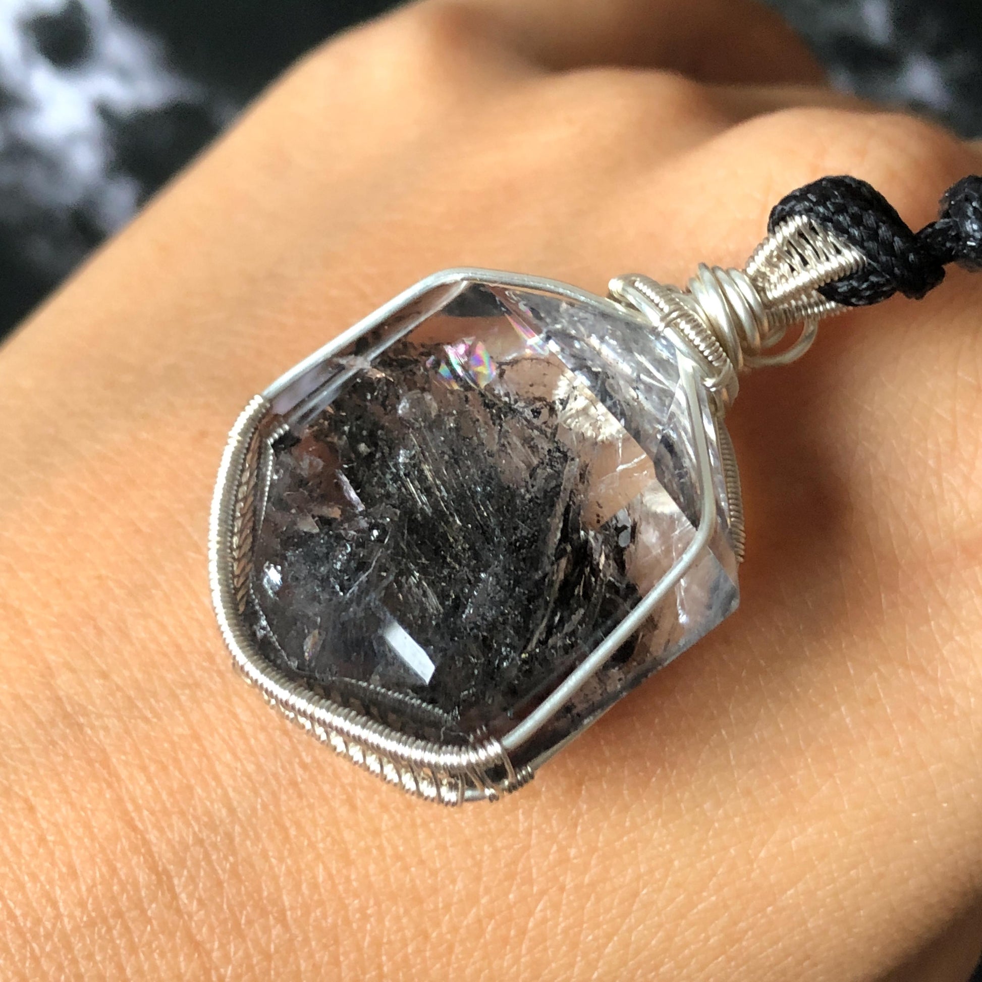 Polished Enhydro Quartz (Herkimer Diamond) Wire Wrapped Pendant Adjustable Necklace: Sand Waterfall! Moving Sand & 2 Big Clear Bubble Inclusion Crystal | Natural Gemstone Birthstone Gift for her  enhydro quartz sand water-fall pendant necklace choker gemstone charm stone pendant choker polished stone pendant crystal charm birthstone gift for her men necklace chakra crystal purify stone minerals specimen adjustable choker mica quartz mica flakes silver wire wrapped pendant