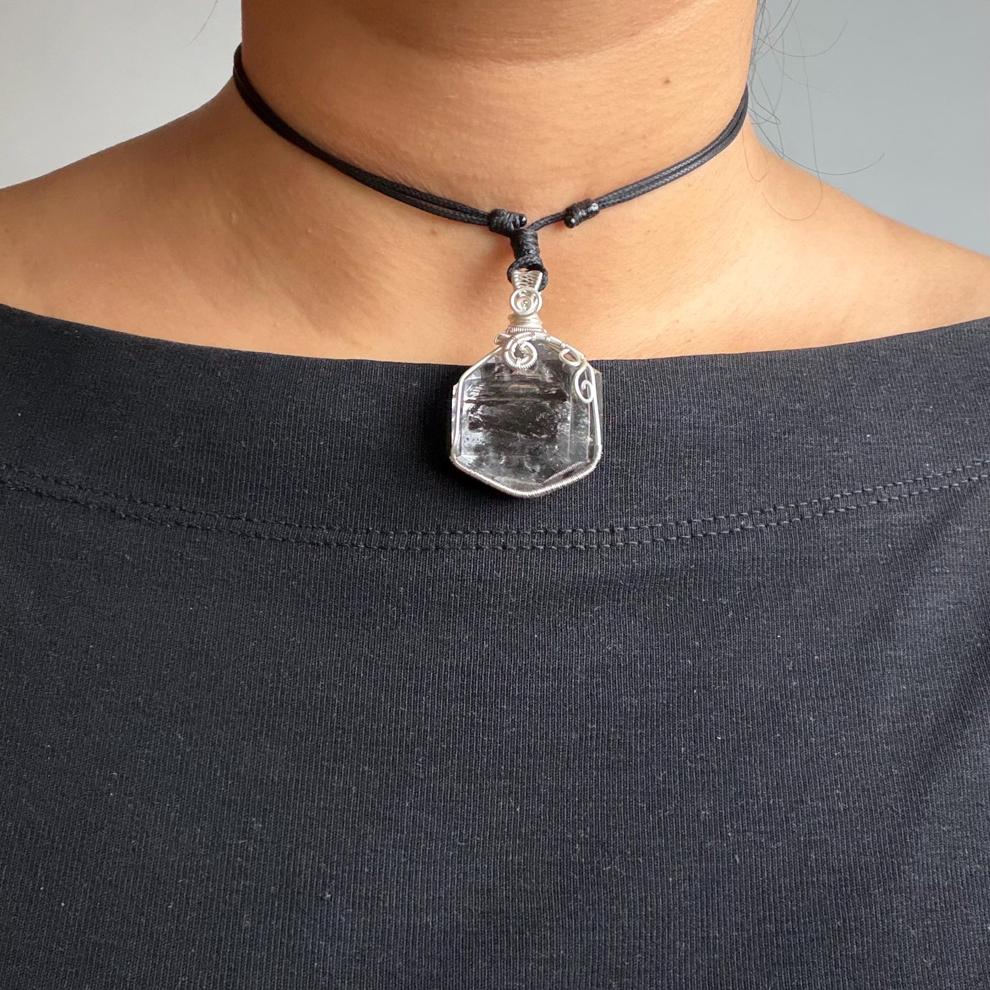 Polished Enhydro Quartz (Herkimer Diamond) Wire Wrapped Pendant Adjustable Necklace: Sand Waterfall! Moving Sand & 2 Big Clear Bubble Inclusion Crystal | Natural Gemstone Birthstone Gift for her  enhydro quartz sand water-fall pendant necklace choker gemstone charm stone pendant choker polished stone pendant crystal charm birthstone gift for her men necklace chakra crystal purify stone minerals specimen adjustable choker mica quartz mica flakes silver wire wrapped pendant