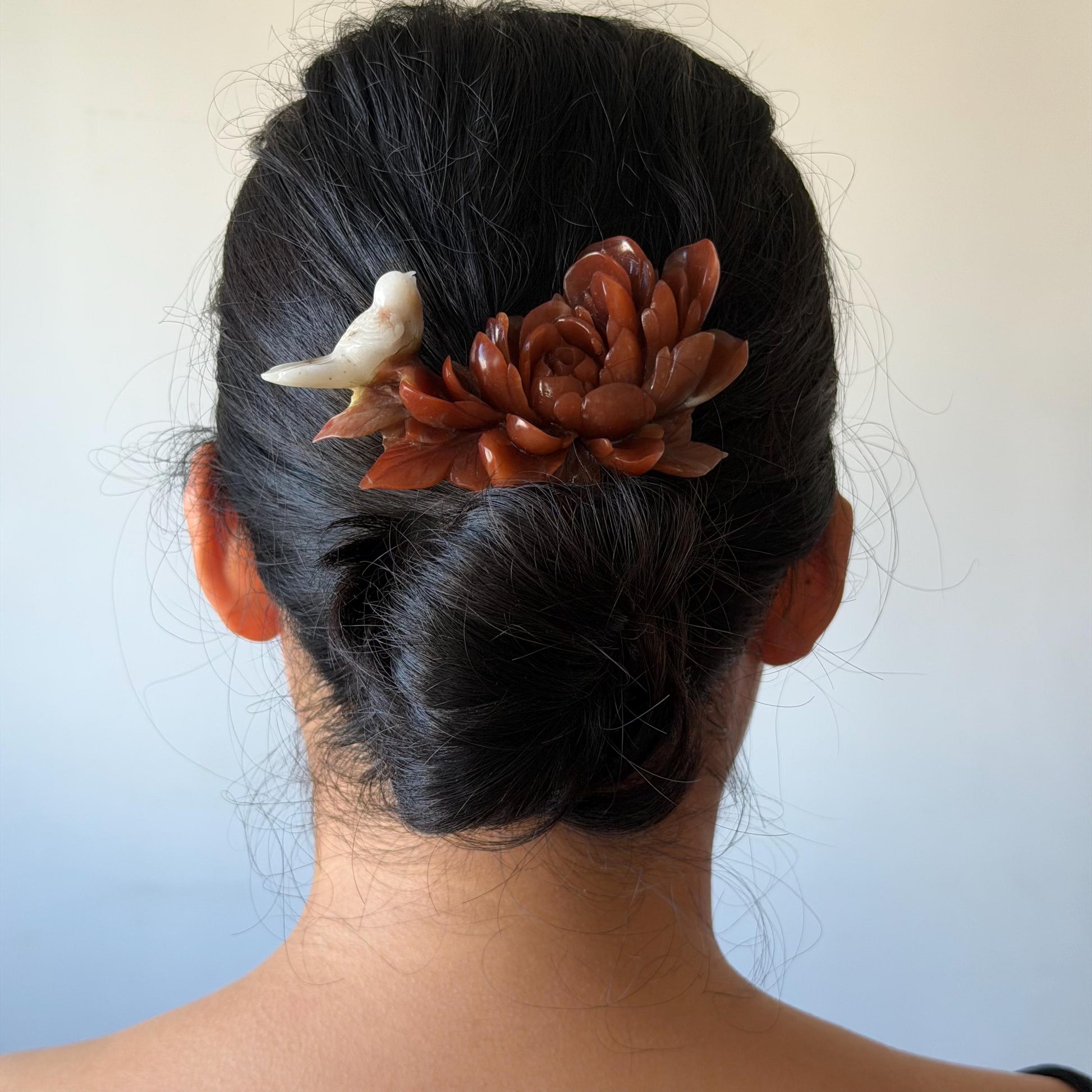 Xiu Jade Serpentine Hand Carved Bird & Red Peony Hair Clip: Certified Natural Rare-found Red Jade Flower Carving Vintage Hanfu Hair Jewelry  Gift for her Bridal Shower gift bridal hair clip wedding headpiece wedding hair jewelry bridal hair accessories red jade carving white jade hand engraved flower hair stick japanese hairpins korean hair stick chinese hair comb vintage hair pins antique hair fork hanfu hair pins certified untreated jade