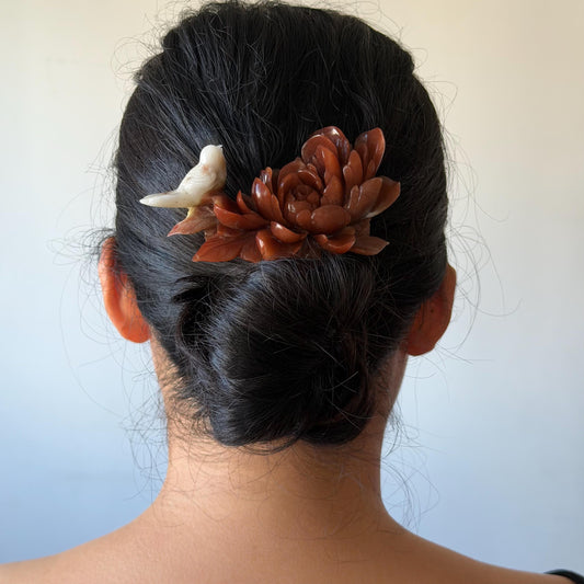 Xiu Jade Serpentine Hand Carved Bird & Red Peony Hair Clip: Certified Natural Rare-found Red Jade Flower Carving Vintage Hanfu Hair Jewelry  Gift for her Bridal Shower gift bridal hair clip wedding headpiece wedding hair jewelry bridal hair accessories red jade carving white jade hand engraved flower hair stick japanese hairpins korean hair stick chinese hair comb vintage hair pins antique hair fork hanfu hair pins certified untreated jade