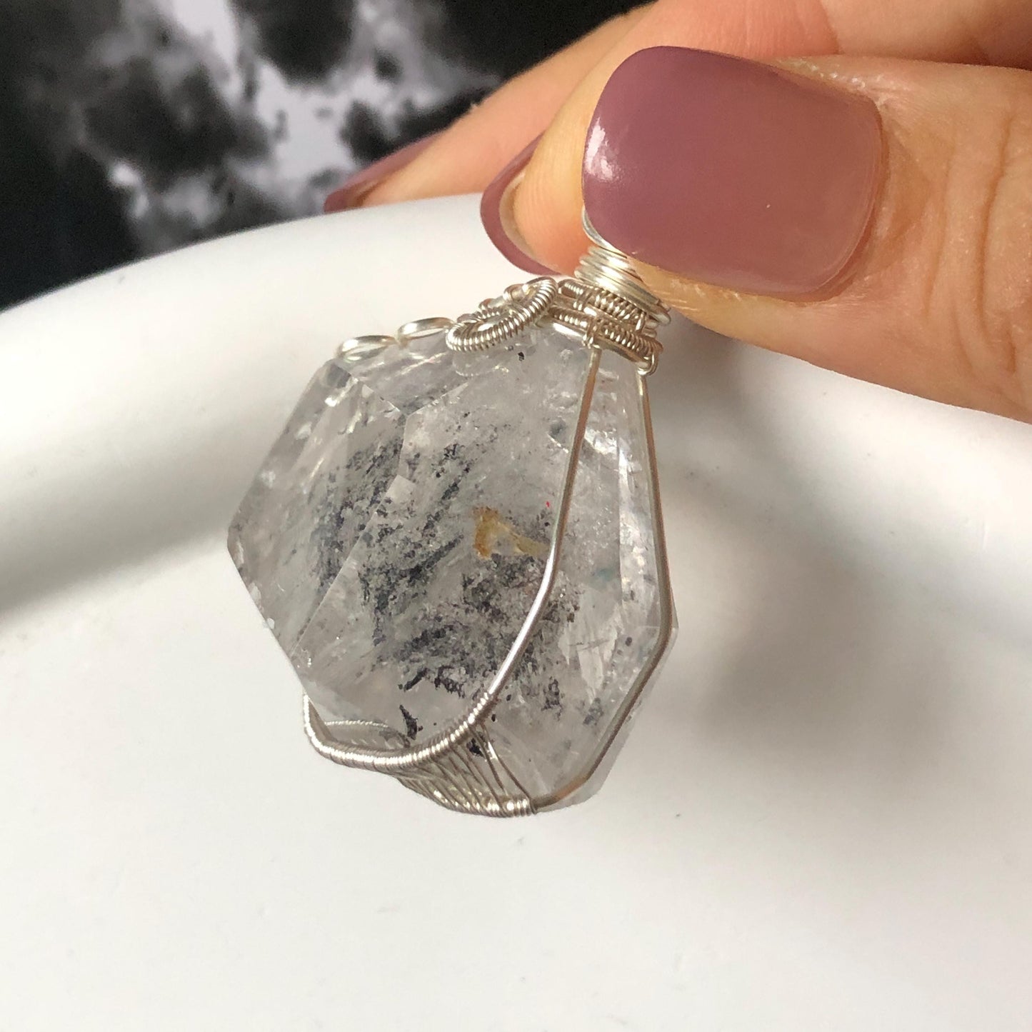 Polished Rainbow Enhydro Quartz (Herkimer Diamond) Wire Wrapped Pendant Adjustable Necklace: Sand Waterfall! Moving Sand & Water Bubble Inclusion Crystal | Natural Gemstone Birthstone Gift for her  enhydro quartz sand water-fall pendant necklace choker gemstone charm stone pendant choker polished stone pendant crystal charm birthstone gift for her men necklace chakra crystal purify stone minerals specimen adjustable choker mica quartz mica flakes silver wire wrapped pendant