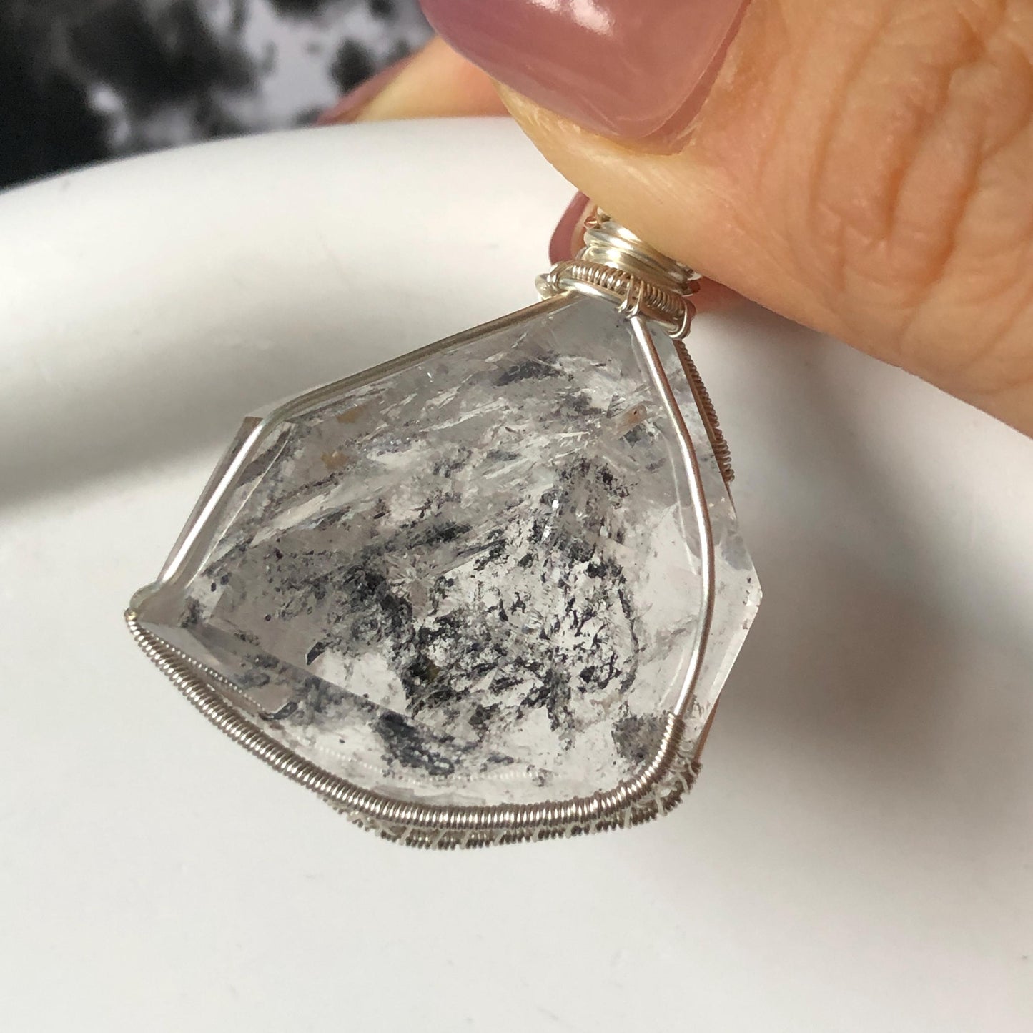 Polished Rainbow Enhydro Quartz (Herkimer Diamond) Wire Wrapped Pendant Adjustable Necklace: Sand Waterfall! Moving Sand & Water Bubble Inclusion Crystal | Natural Gemstone Birthstone Gift for her  enhydro quartz sand water-fall pendant necklace choker gemstone charm stone pendant choker polished stone pendant crystal charm birthstone gift for her men necklace chakra crystal purify stone minerals specimen adjustable choker mica quartz mica flakes silver wire wrapped pendant