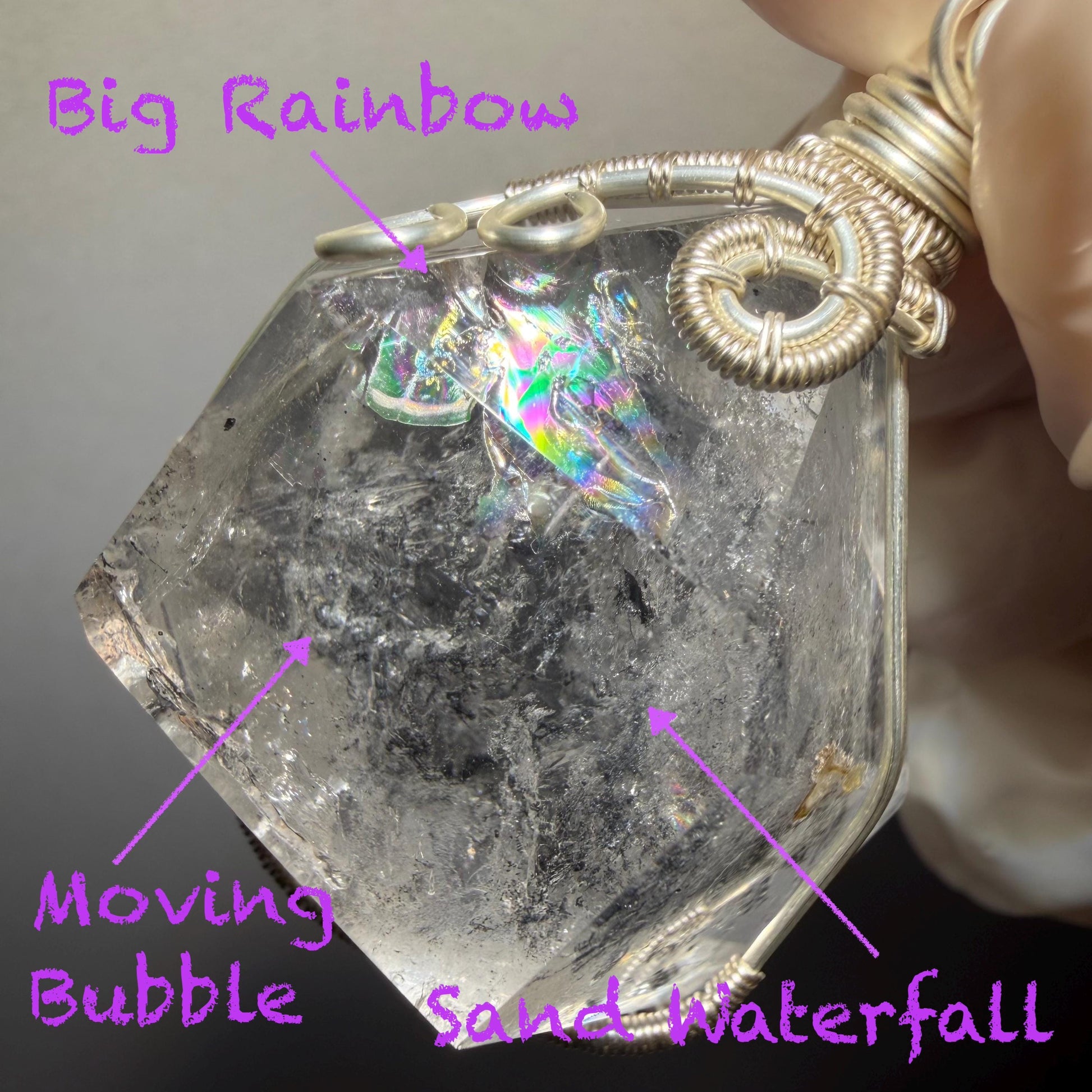 Polished Rainbow Enhydro Quartz (Herkimer Diamond) Wire Wrapped Pendant Adjustable Necklace: Sand Waterfall! Moving Sand & Water Bubble Inclusion Crystal | Natural Gemstone Birthstone Gift for her  enhydro quartz sand water-fall pendant necklace choker gemstone charm stone pendant choker polished stone pendant crystal charm birthstone gift for her men necklace chakra crystal purify stone minerals specimen adjustable choker mica quartz mica flakes silver wire wrapped pendant
