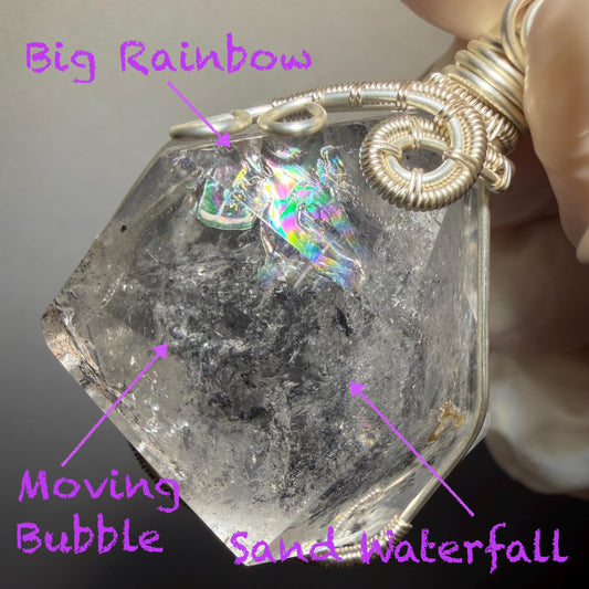 Polished Rainbow Enhydro Quartz (Herkimer Diamond) Wire Wrapped Pendant Adjustable Necklace: Sand Waterfall! Moving Sand & Water Bubble Inclusion Crystal | Natural Gemstone Birthstone Gift for her  enhydro quartz sand water-fall pendant necklace choker gemstone charm stone pendant choker polished stone pendant crystal charm birthstone gift for her men necklace chakra crystal purify stone minerals specimen adjustable choker mica quartz mica flakes silver wire wrapped pendant