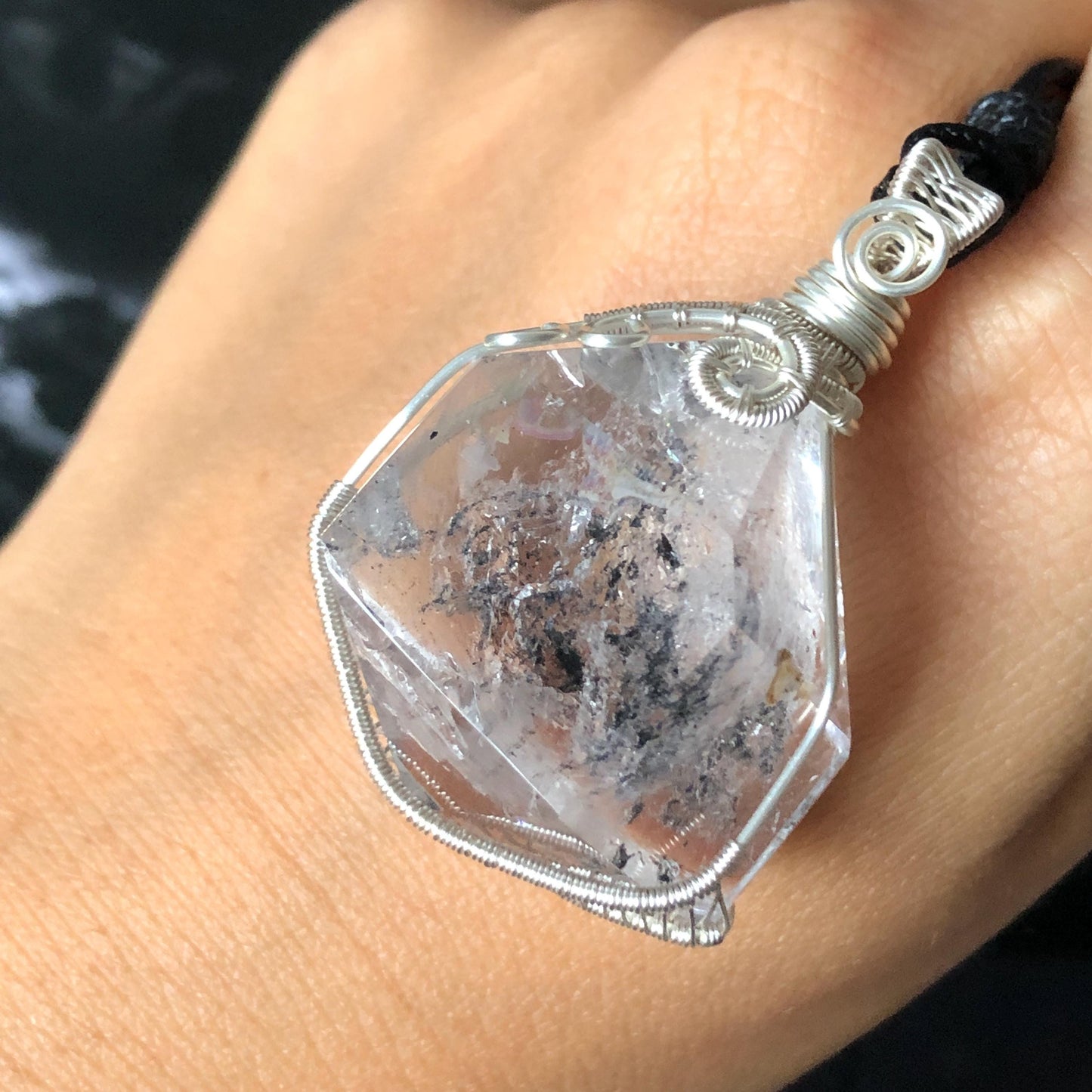 Polished Rainbow Enhydro Quartz (Herkimer Diamond) Wire Wrapped Pendant Adjustable Necklace: Sand Waterfall! Moving Sand & Water Bubble Inclusion Crystal | Natural Gemstone Birthstone Gift for her  enhydro quartz sand water-fall pendant necklace choker gemstone charm stone pendant choker polished stone pendant crystal charm birthstone gift for her men necklace chakra crystal purify stone minerals specimen adjustable choker mica quartz mica flakes silver wire wrapped pendant