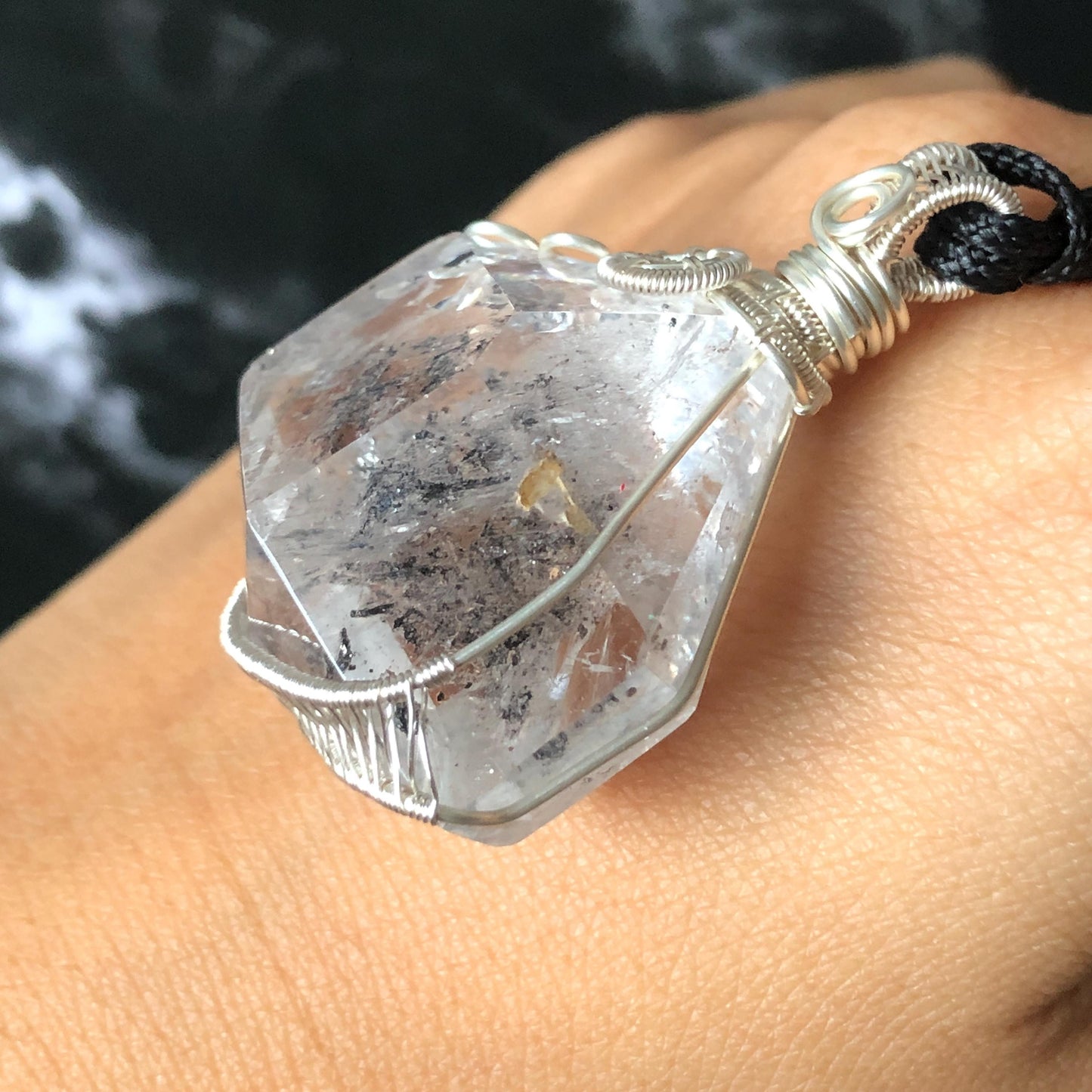 Polished Rainbow Enhydro Quartz (Herkimer Diamond) Wire Wrapped Pendant Adjustable Necklace: Sand Waterfall! Moving Sand & Water Bubble Inclusion Crystal | Natural Gemstone Birthstone Gift for her  enhydro quartz sand water-fall pendant necklace choker gemstone charm stone pendant choker polished stone pendant crystal charm birthstone gift for her men necklace chakra crystal purify stone minerals specimen adjustable choker mica quartz mica flakes silver wire wrapped pendant