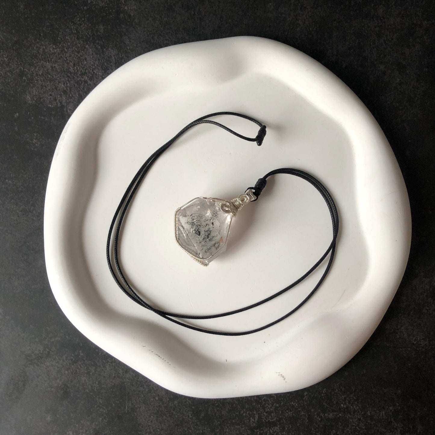 Polished Rainbow Enhydro Quartz (Herkimer Diamond) Wire Wrapped Pendant Adjustable Necklace: Sand Waterfall! Moving Sand & Water Bubble Inclusion Crystal | Natural Gemstone Birthstone Gift for her  enhydro quartz sand water-fall pendant necklace choker gemstone charm stone pendant choker polished stone pendant crystal charm birthstone gift for her men necklace chakra crystal purify stone minerals specimen adjustable choker mica quartz mica flakes silver wire wrapped pendant