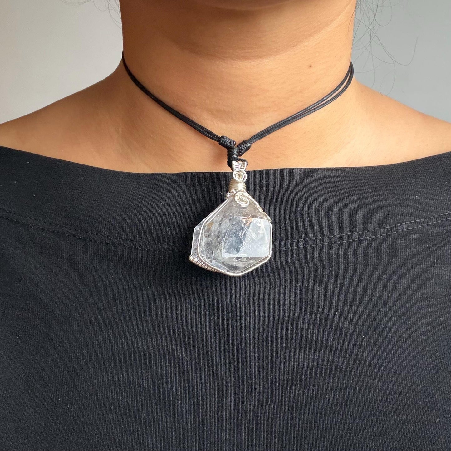 Polished Rainbow Enhydro Quartz (Herkimer Diamond) Wire Wrapped Pendant Adjustable Necklace: Sand Waterfall! Moving Sand & Water Bubble Inclusion Crystal | Natural Gemstone Birthstone Gift for her  enhydro quartz sand water-fall pendant necklace choker gemstone charm stone pendant choker polished stone pendant crystal charm birthstone gift for her men necklace chakra crystal purify stone minerals specimen adjustable choker mica quartz mica flakes silver wire wrapped pendant