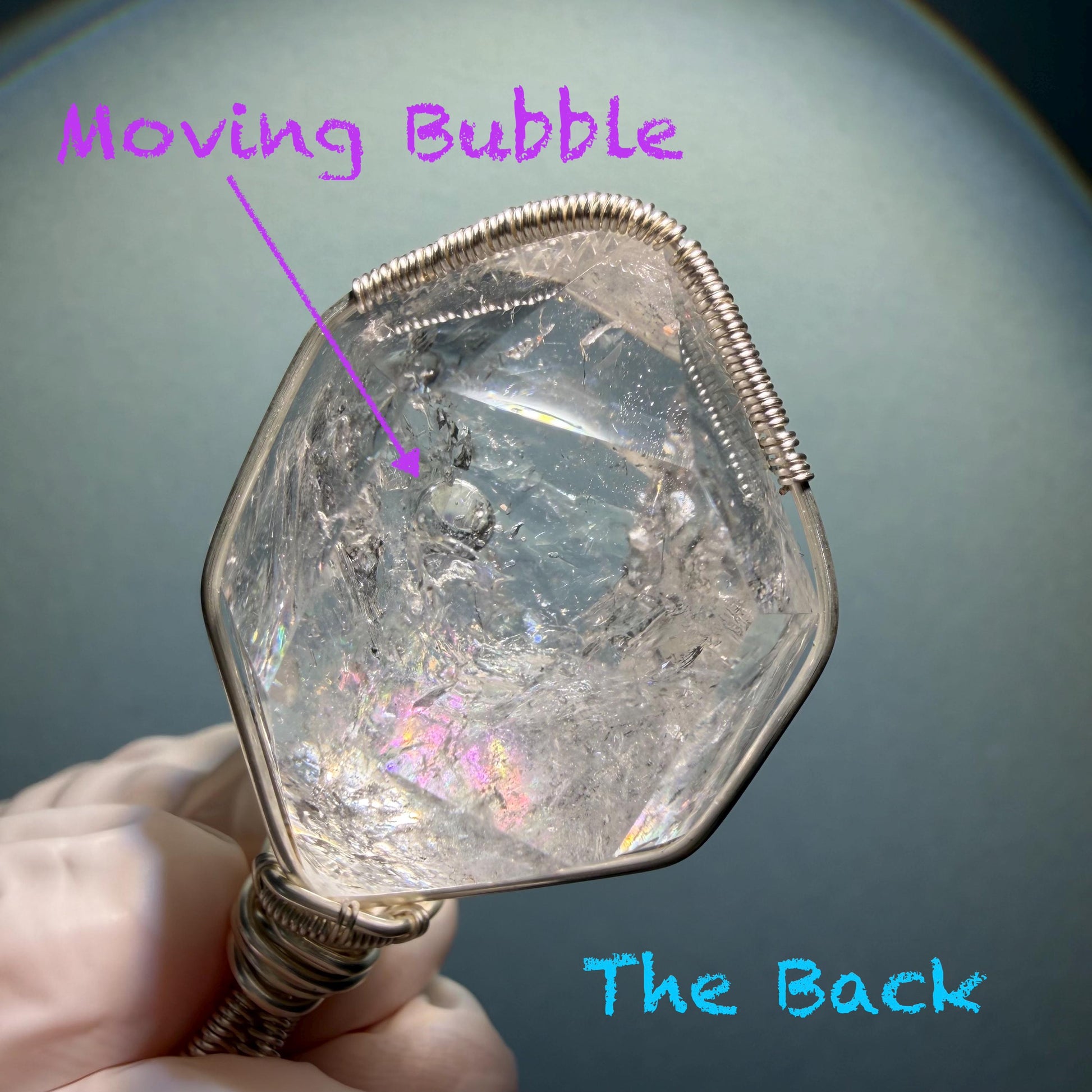 Polished Rainbow Enhydro Quartz (Herkimer Diamond) Wire Wrapped Pendant Adjustable Necklace: Moving Clear Bubble Inclusion Crystal | Natural Gemstone Birthstone Gift for her enhydro quartz sand water-fall pendant necklace choker gemstone charm stone pendant choker polished stone pendant crystal charm birthstone gift for her men necklace chakra crystal purify stone minerals specimen adjustable choker mica quartz mica flakes silver wire wrapped pendant