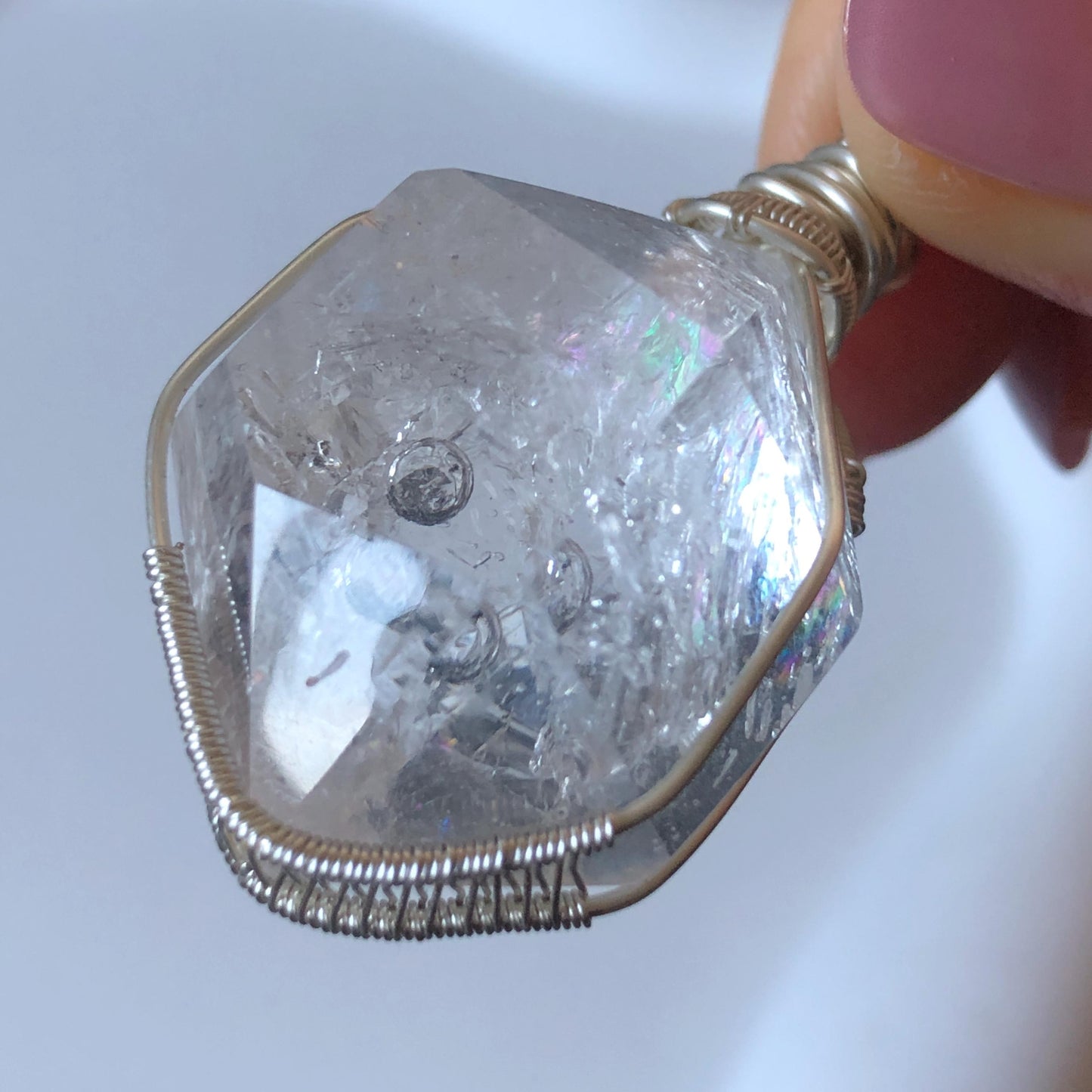 Polished Rainbow Enhydro Quartz (Herkimer Diamond) Wire Wrapped Pendant Adjustable Necklace: Moving Clear Bubble Inclusion Crystal | Natural Gemstone Birthstone Gift for her enhydro quartz sand water-fall pendant necklace choker gemstone charm stone pendant choker polished stone pendant crystal charm birthstone gift for her men necklace chakra crystal purify stone minerals specimen adjustable choker mica quartz mica flakes silver wire wrapped pendant